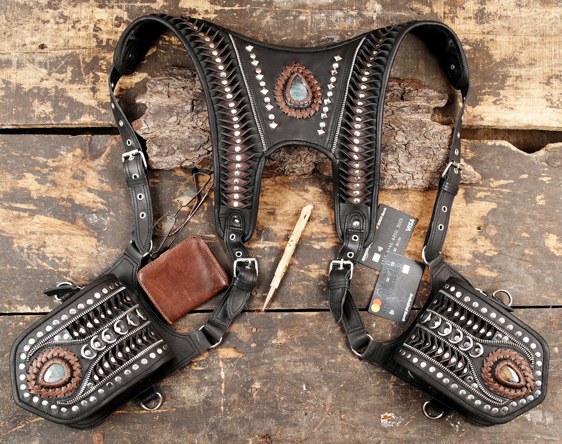Handmade Leather Festival Holster with Stone Accents || Gothic Gemstone Leather Dual Shoulder Holster (LT/NS/HLS/6018)