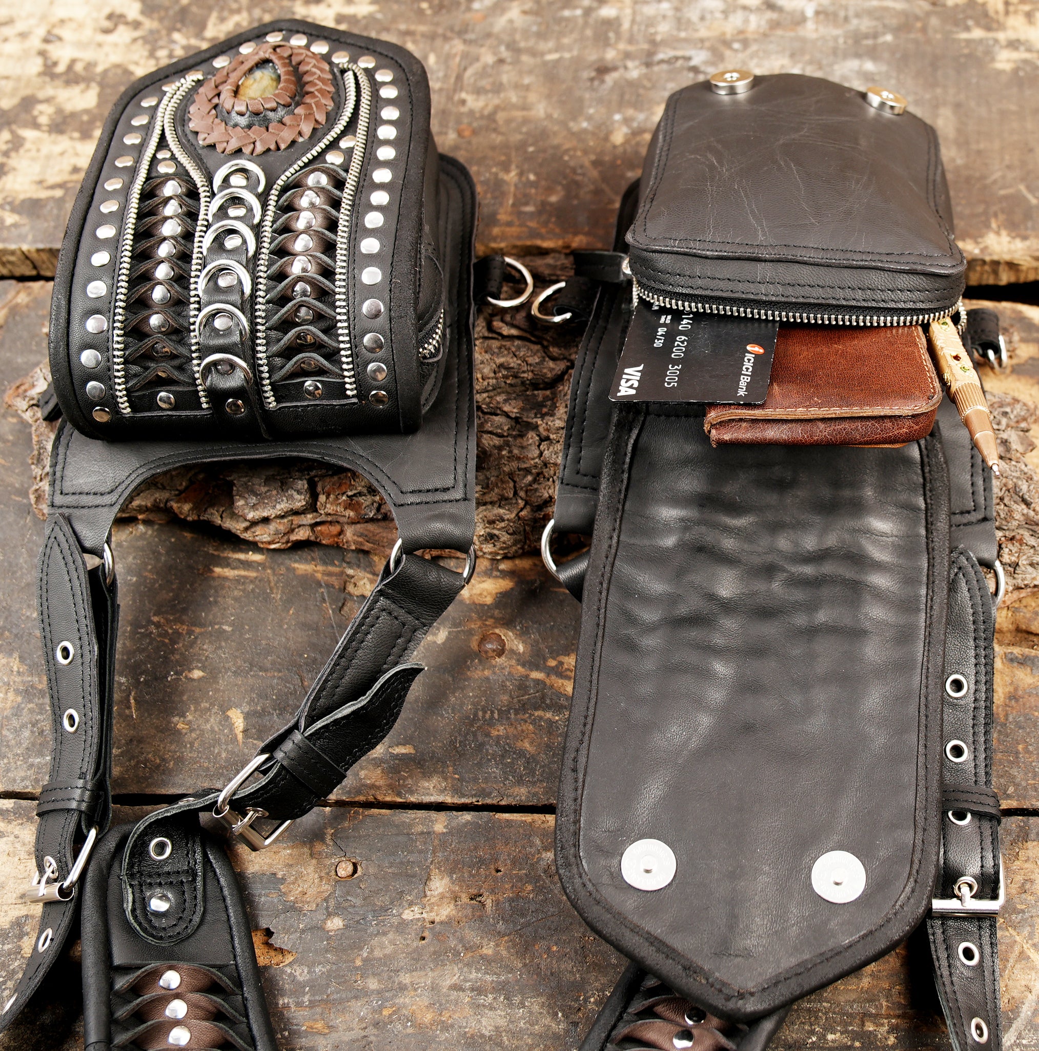 Tribal-inspired leather holster with natural stone centerpiece and metal studs
