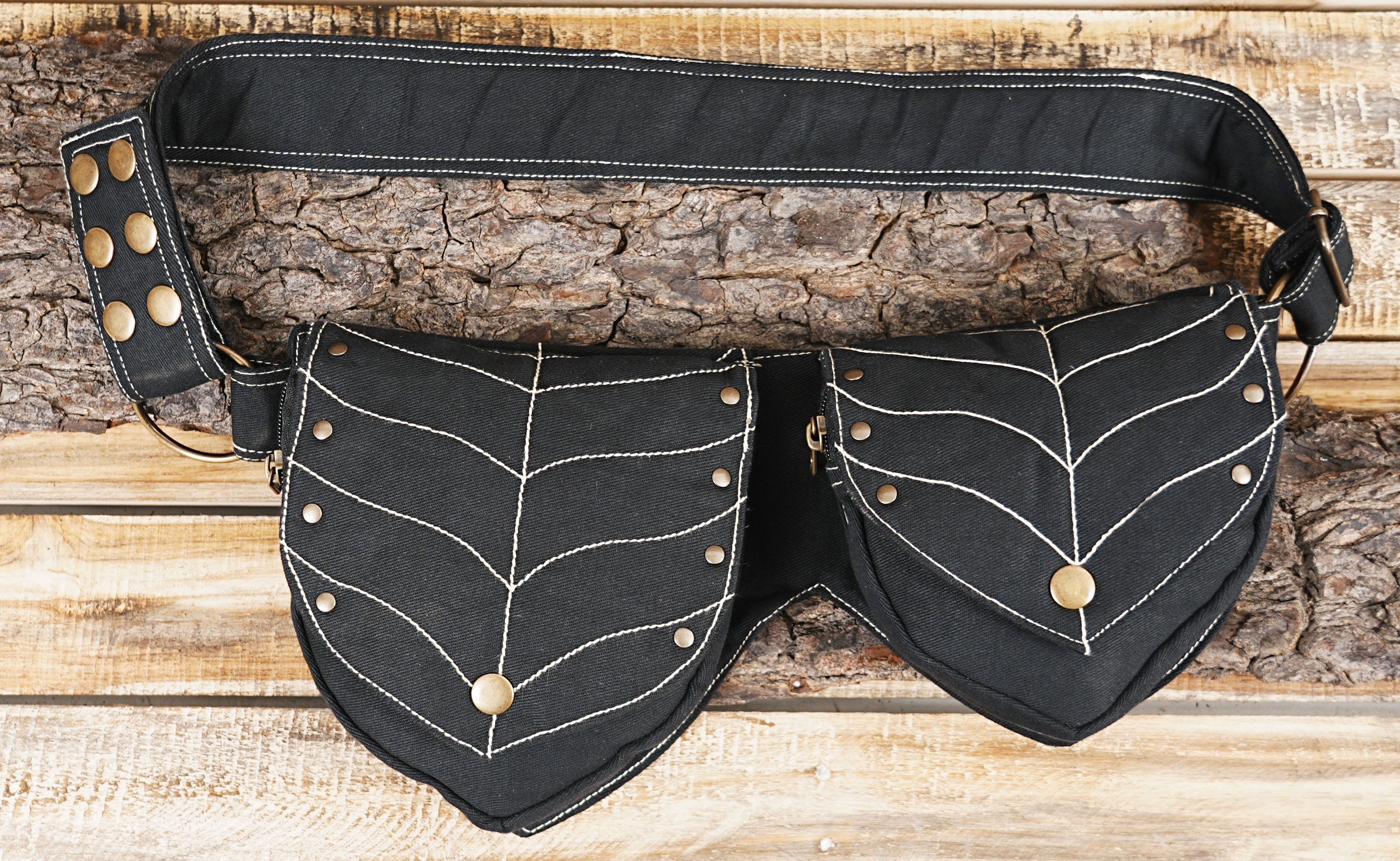 Handcrafted black cotton utility belt with unique white leaf stitching design