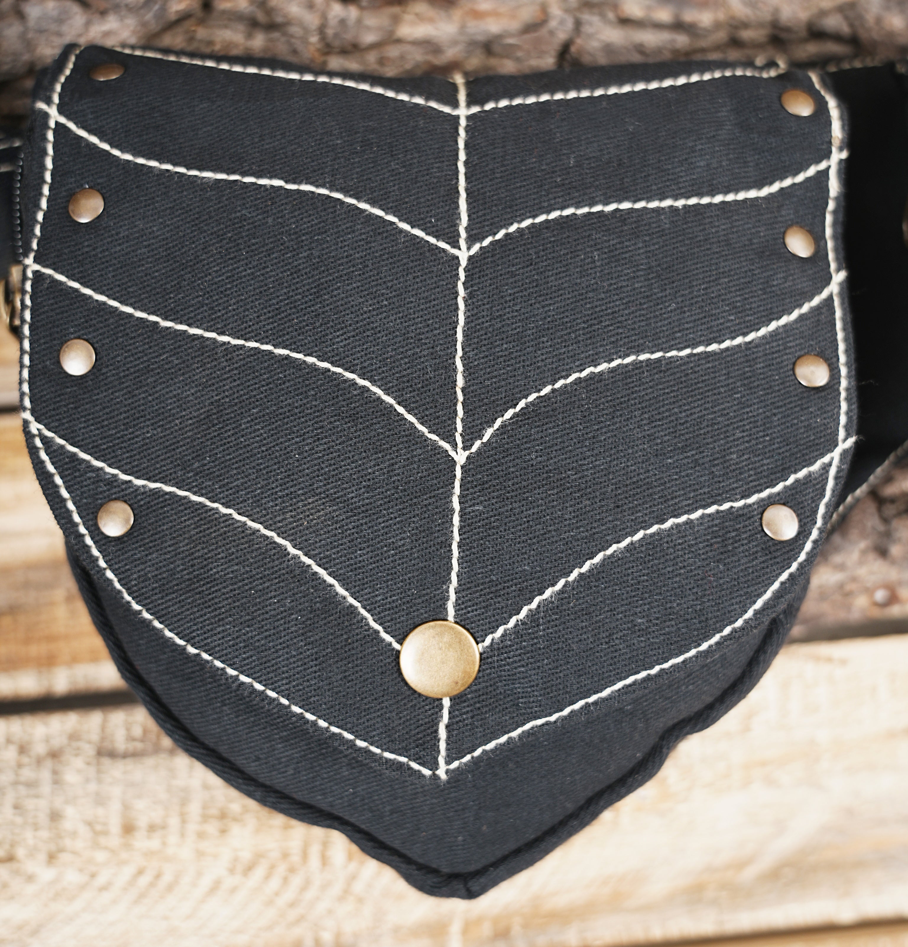 Handmade black canvas festival hip bag and double pocket waist pack with botanical embroidery