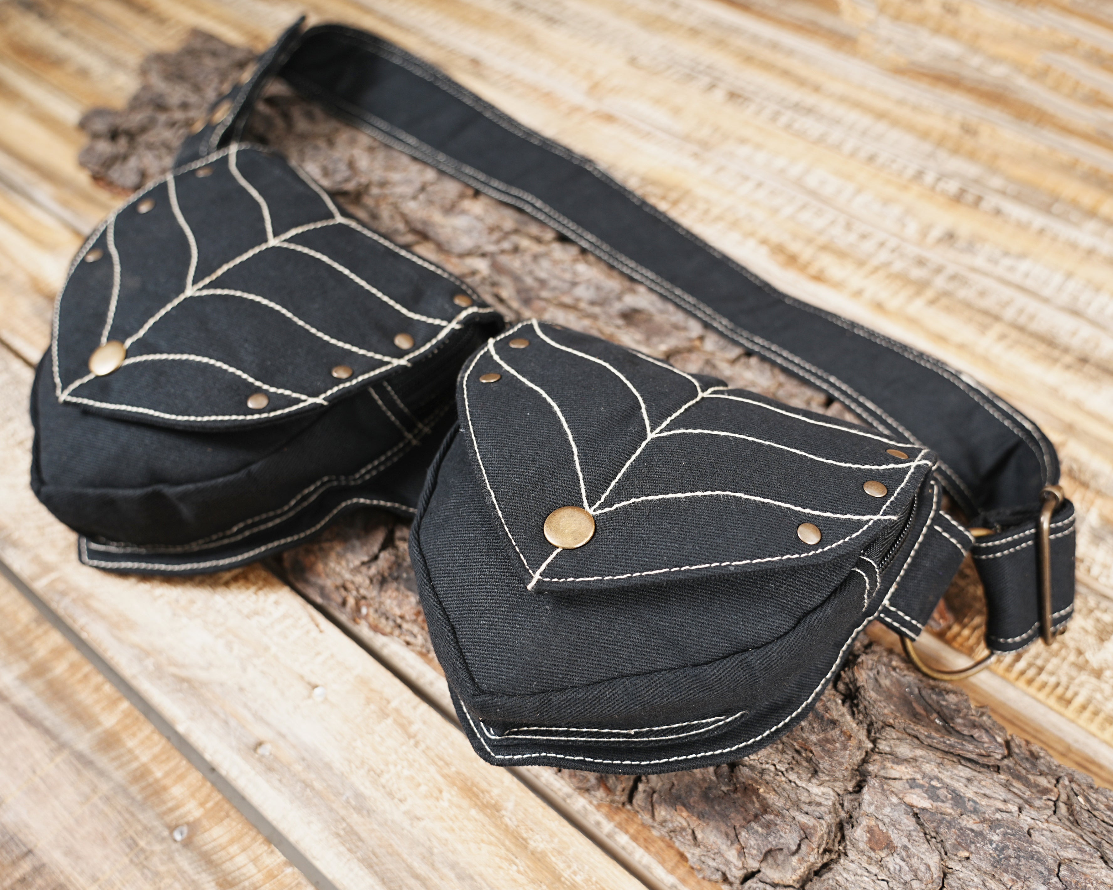 Bohemian black festival fanny pack with secure double pockets and antique brass studs