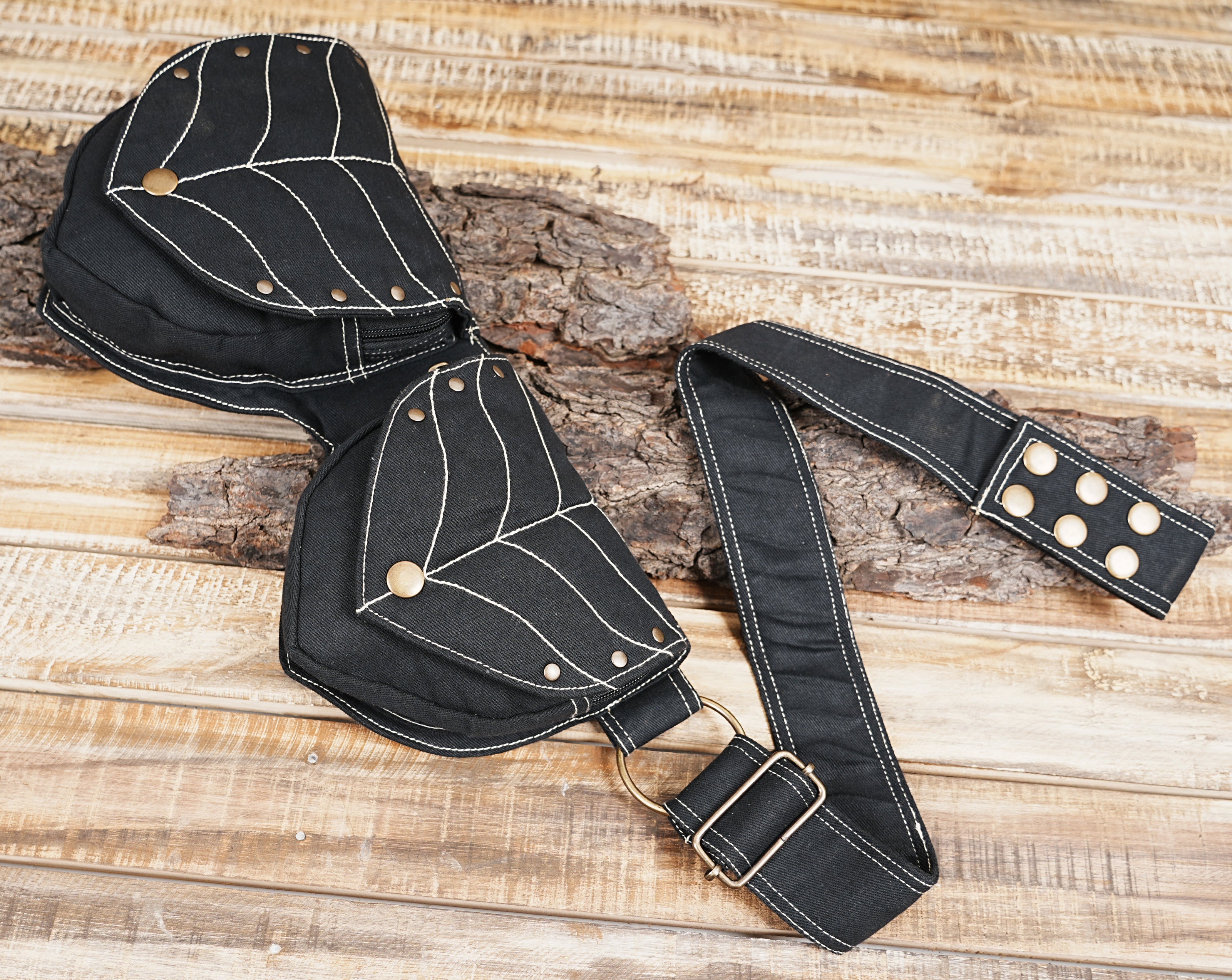 Alternative style black utility belt bag for hands-free convenience