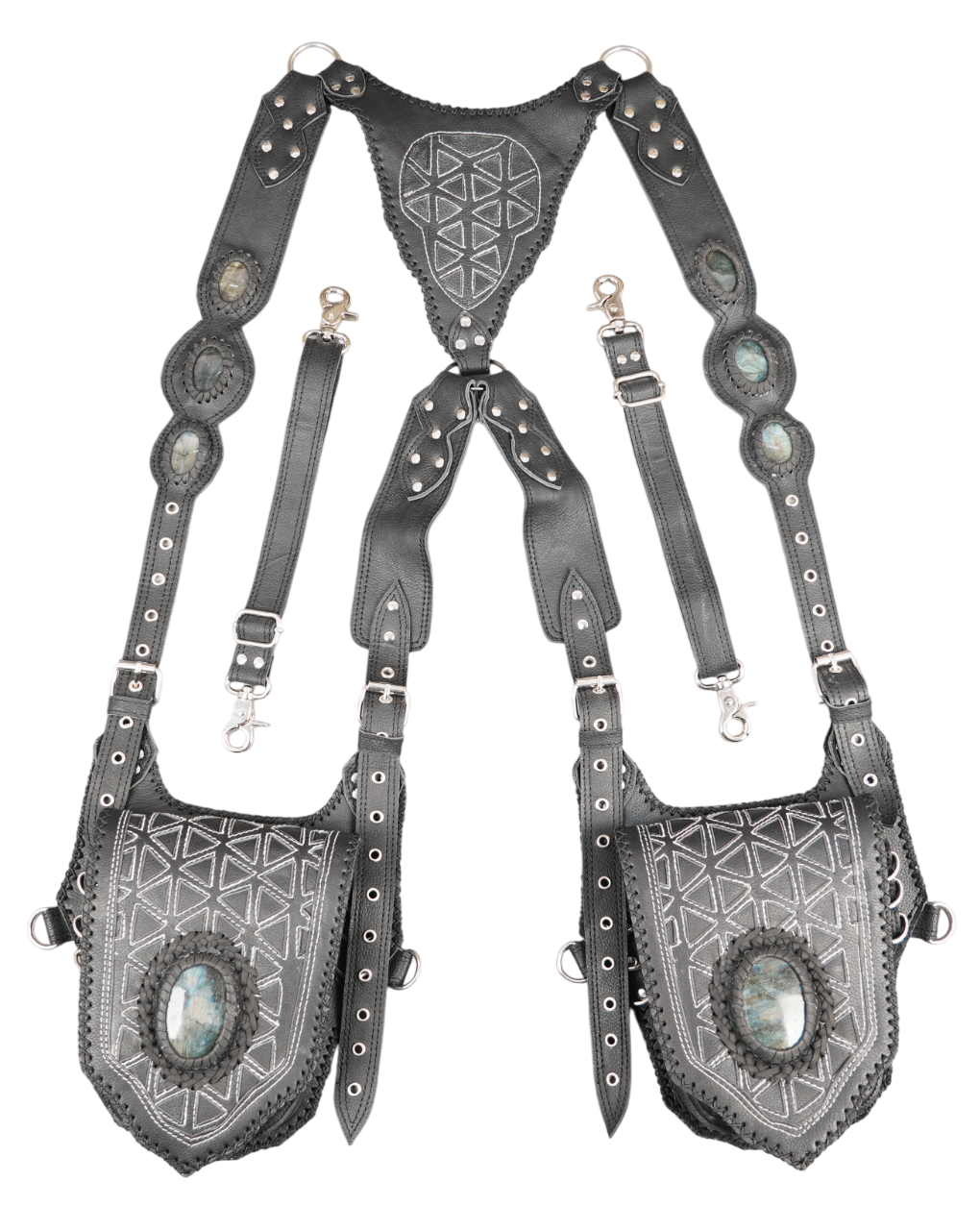 Decorative leather body holster with gemstone effects and custom stitching