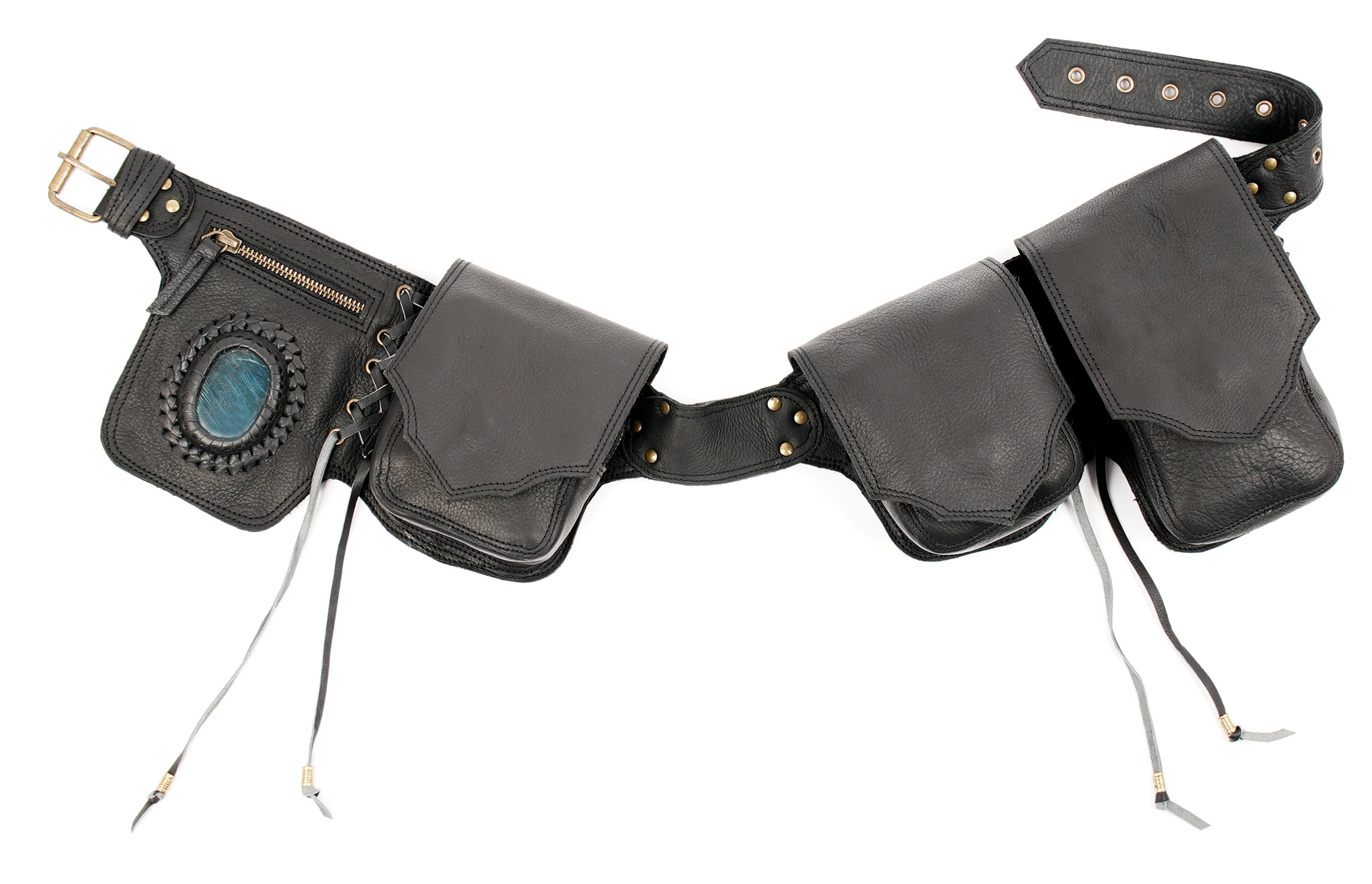 Black leather multi pocket waist belt bag with stone detail