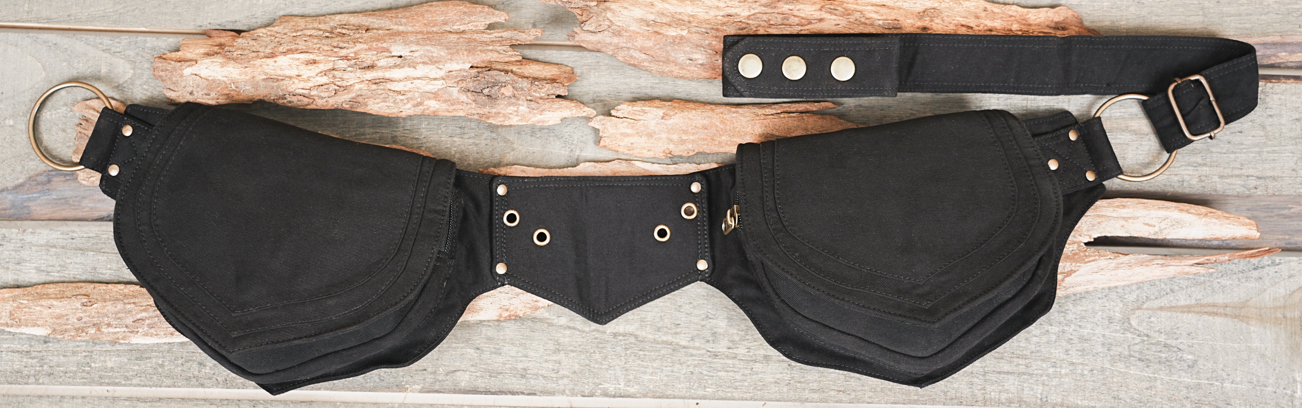 Black layered utility belt bag with brass grommet detail