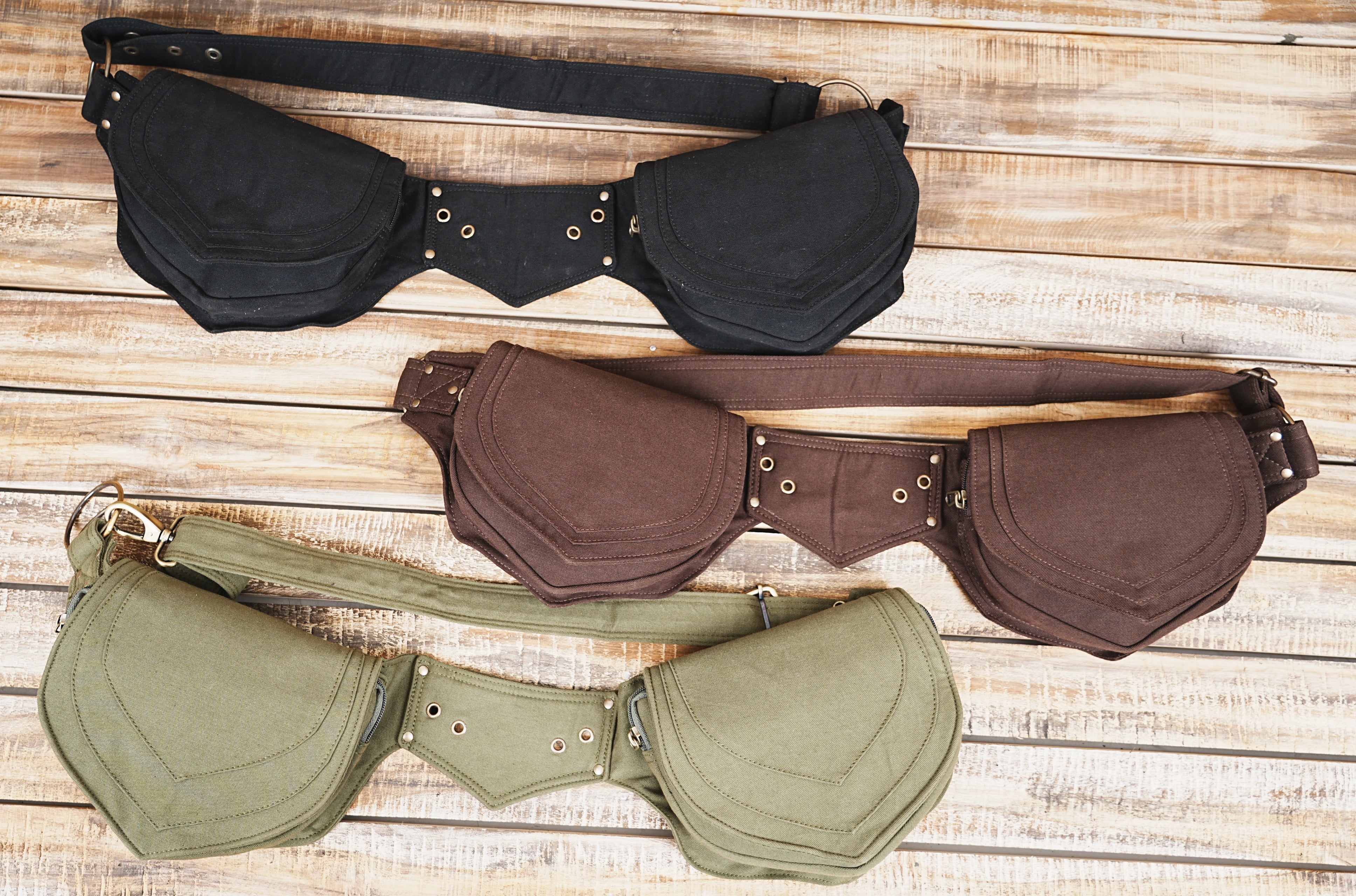 Dual pocket belt bag with stacked stitching lines