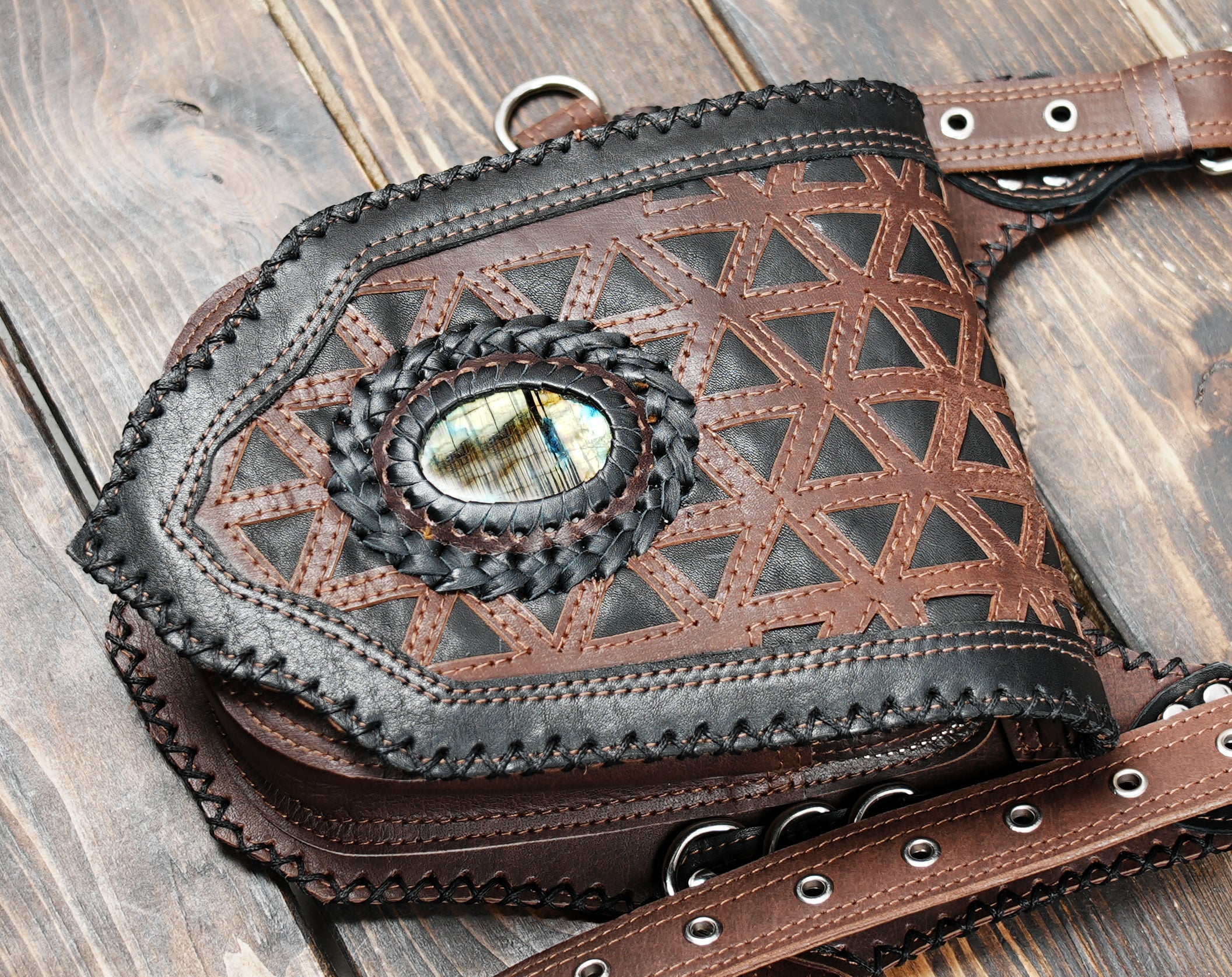 Festival leather holster belt with dual pouches and adjustable thigh straps