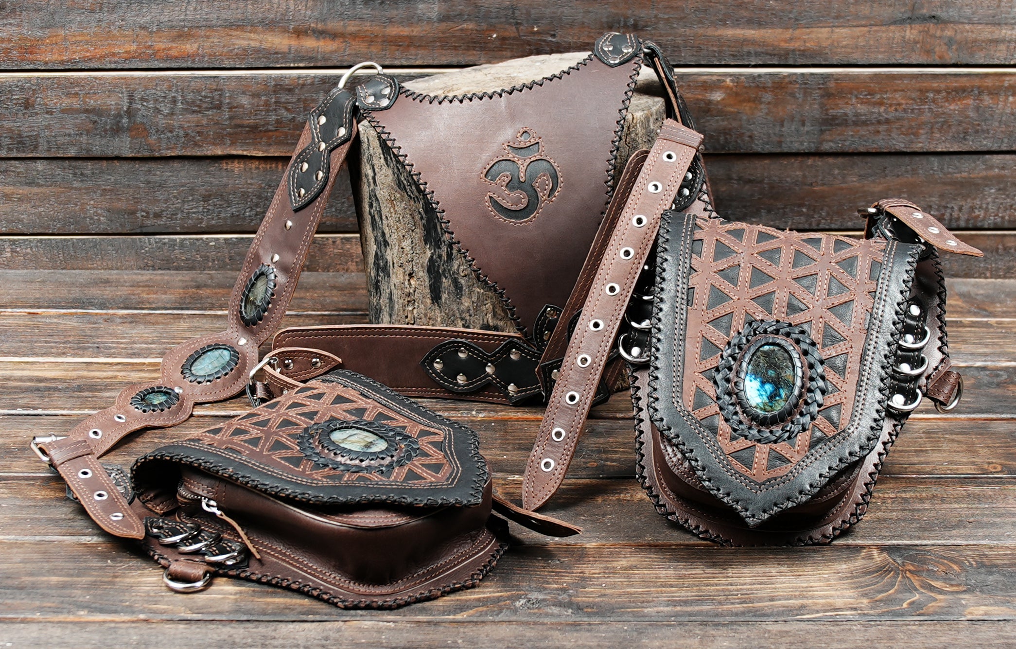 Handcrafted leather waist holster with dual leg straps and secure buckle closure