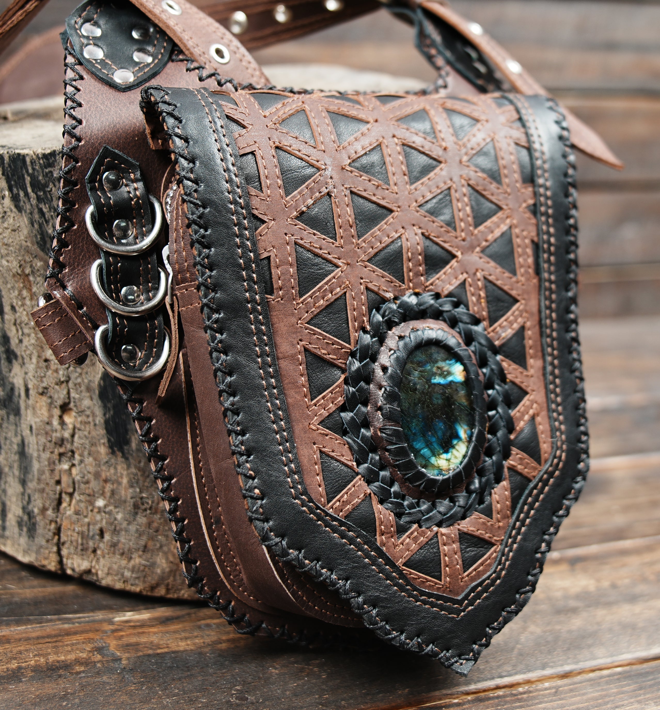 Handmade Leather Thigh Holster with Dual Pouches and Adjustable Straps || Boho Leather Holster Belt with Stone Detail and Tribal Design (LT/NS/HLS/6028)