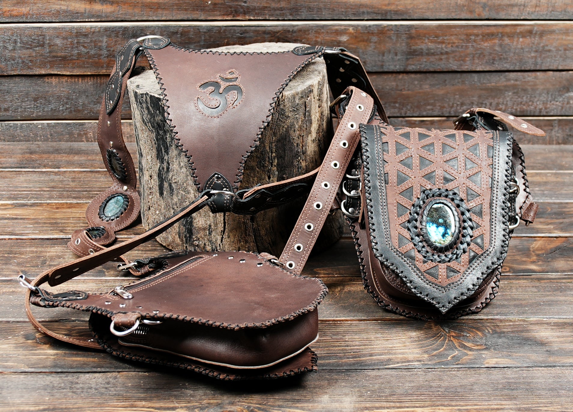 Artisan leather leg holster with tribal design and functional storage pockets