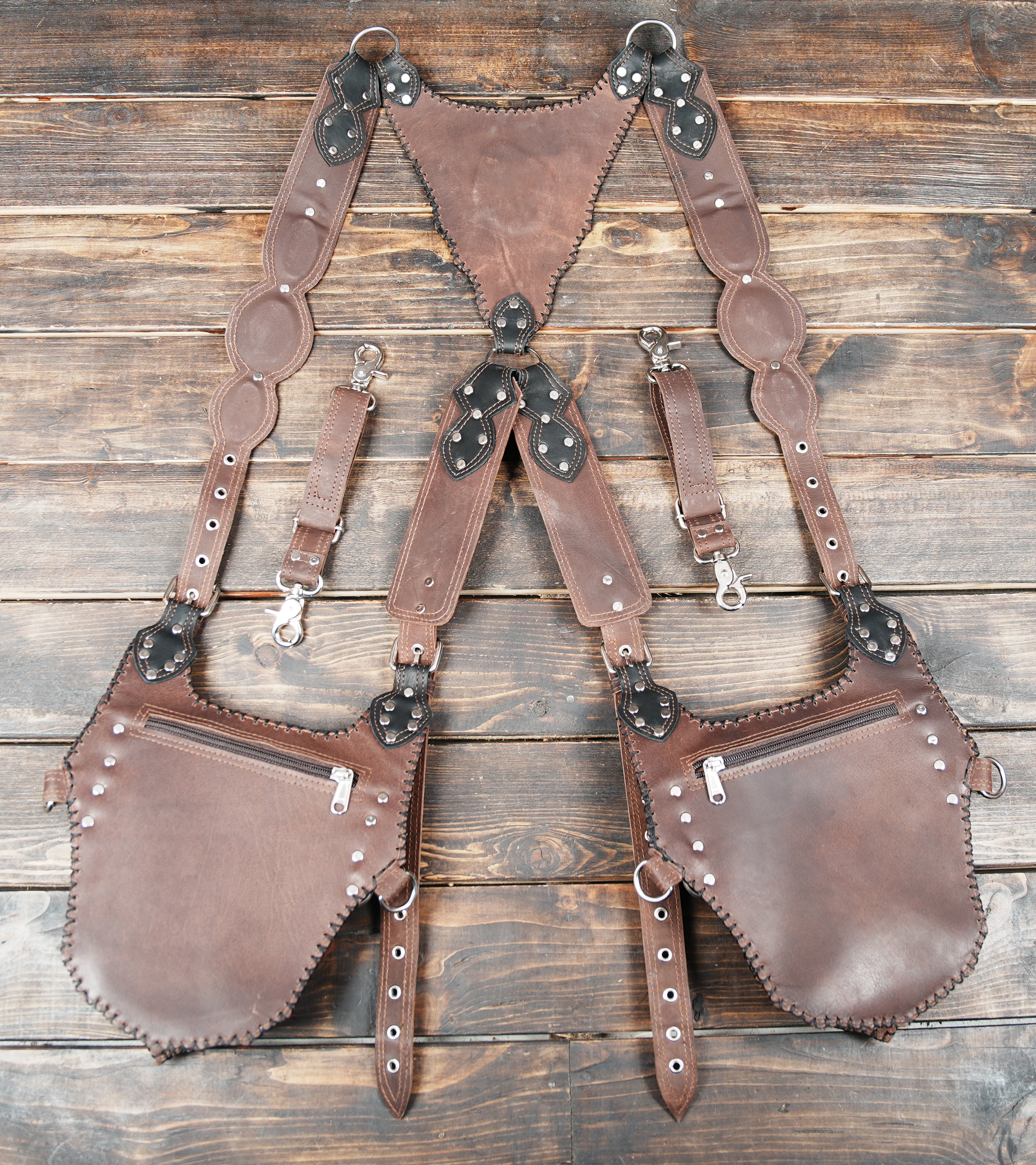 Double pouch leather holster belt for hands free carry at festivals