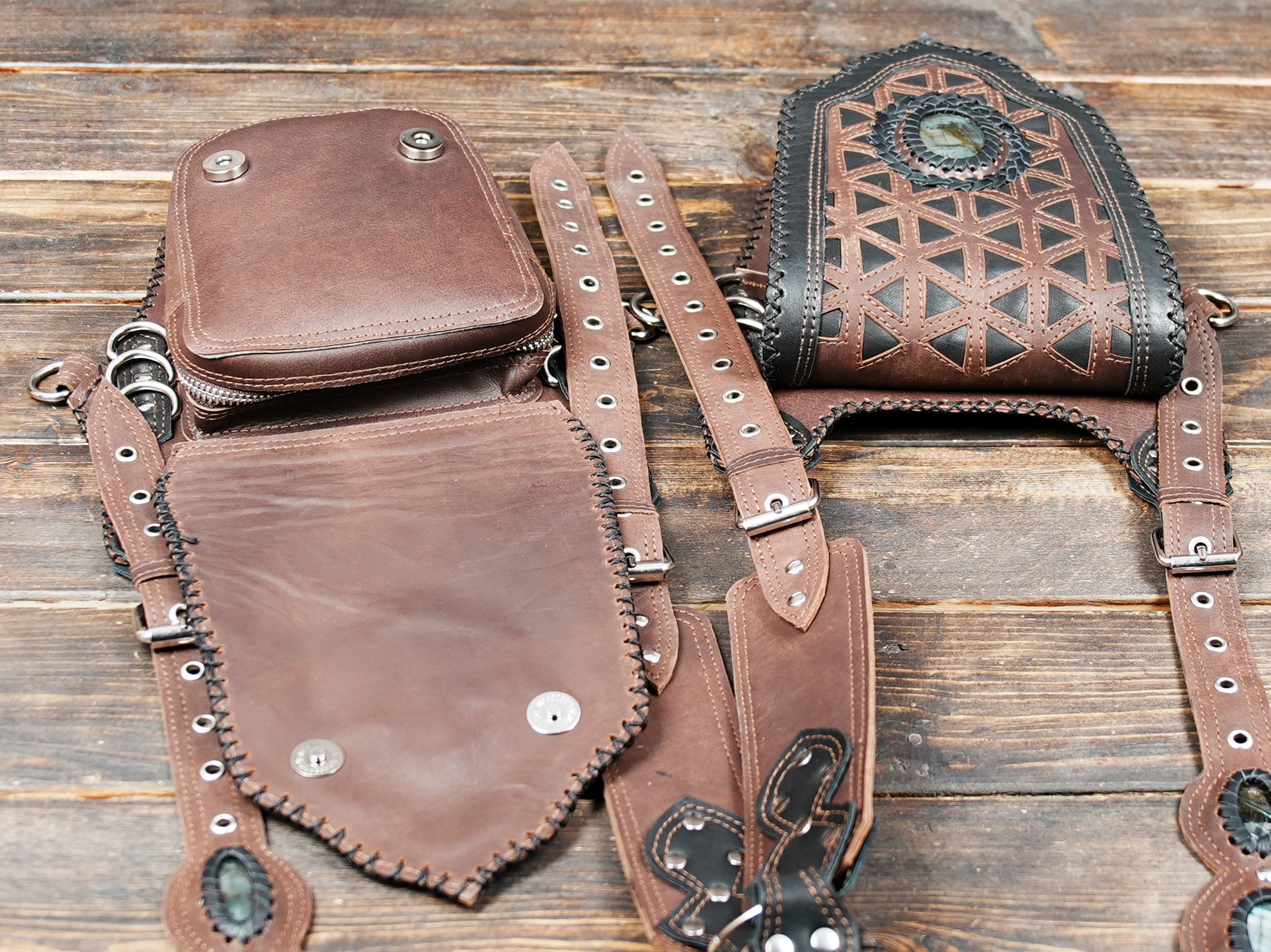 Handmade Leather Thigh Holster with Dual Pouches and Adjustable Straps || Boho Leather Holster Belt with Stone Detail and Tribal Design (LT/NS/HLS/6028)