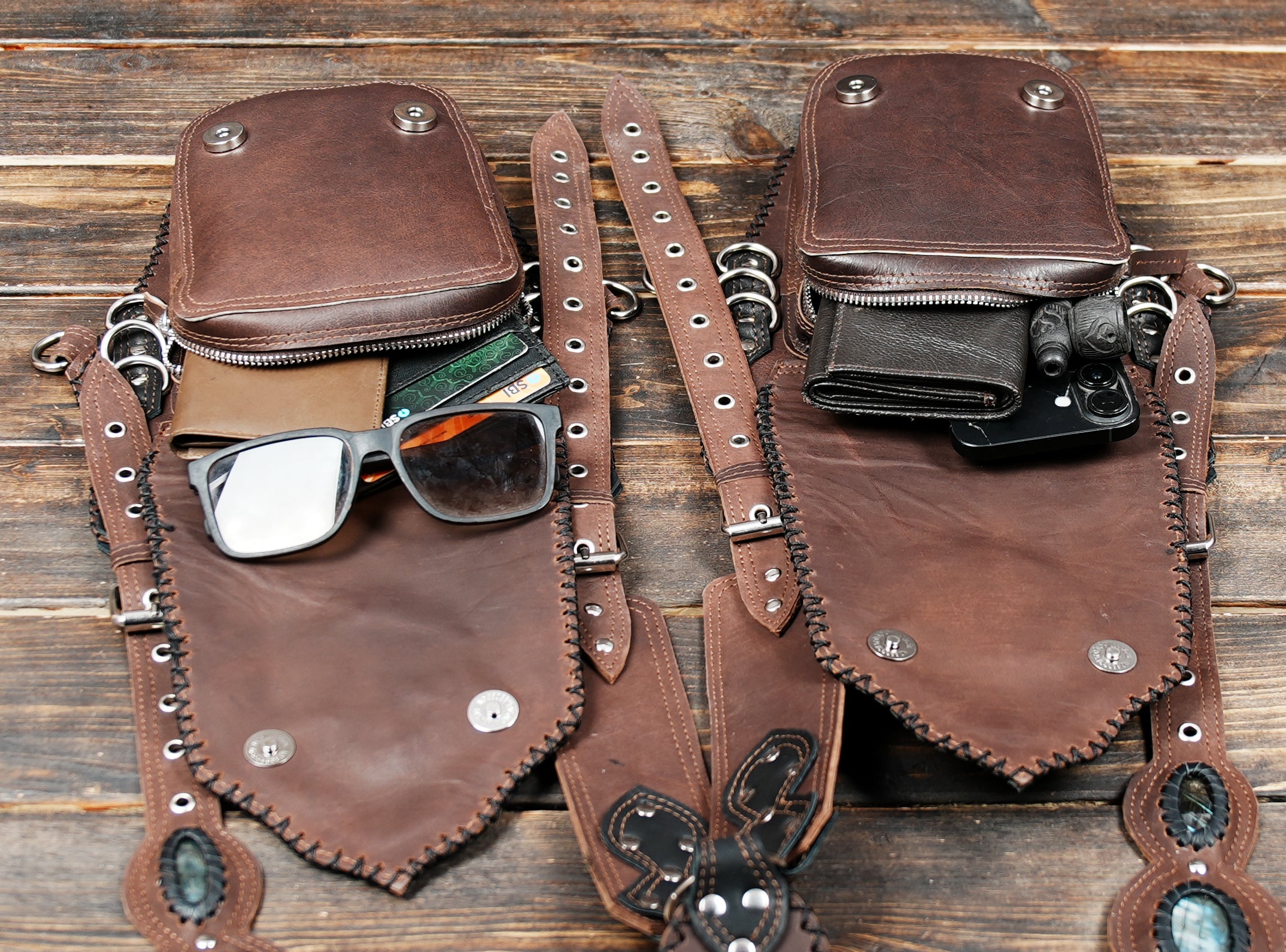 Premium leather thigh holster with carved patterns and natural stone centerpiece