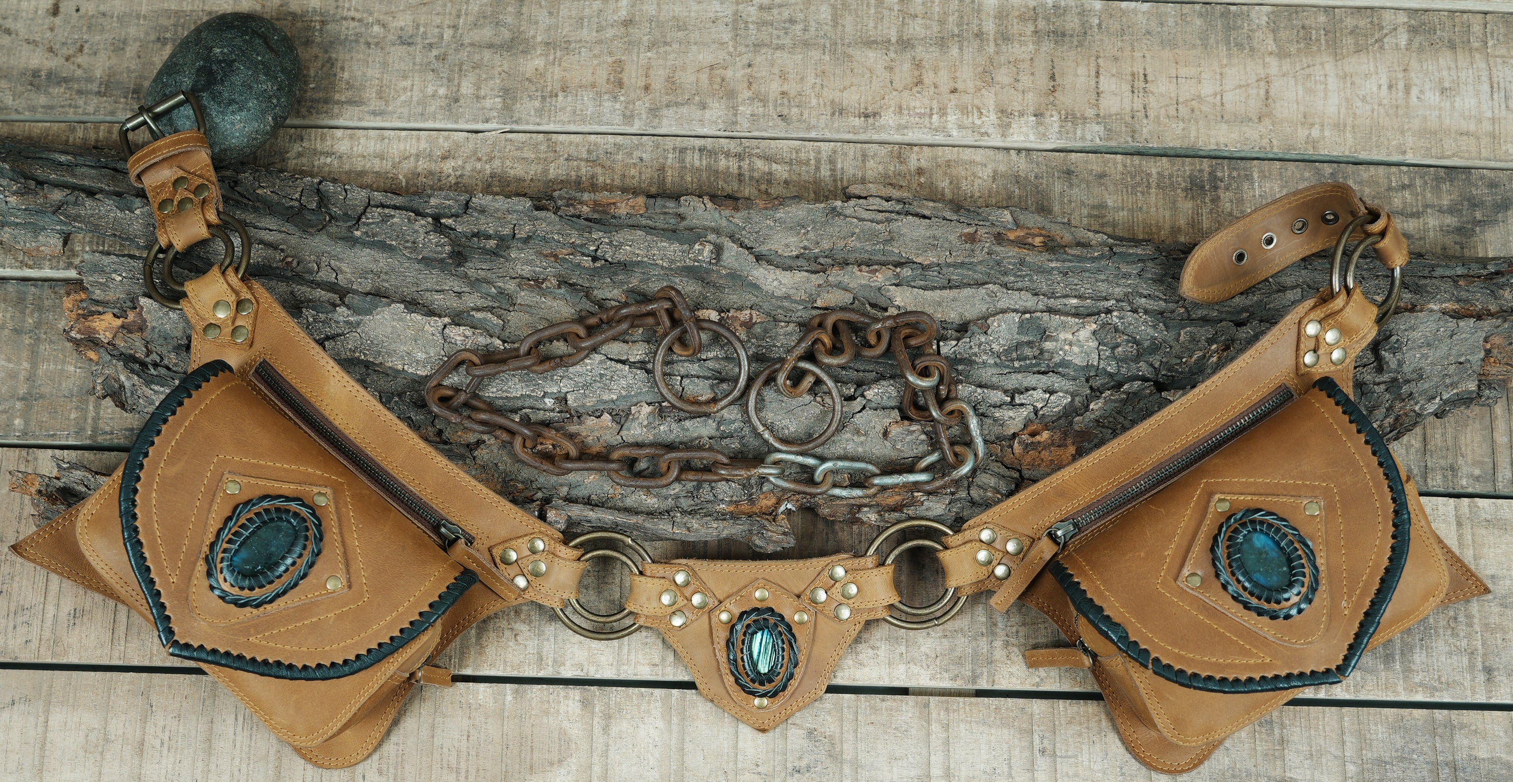 Genuine Leather Waist Belt with Gemstone Accents and Triple Pouches || Boho Steampunk Leather Utility Belt with Oval Stone Details (LT-AB-WB-6083)