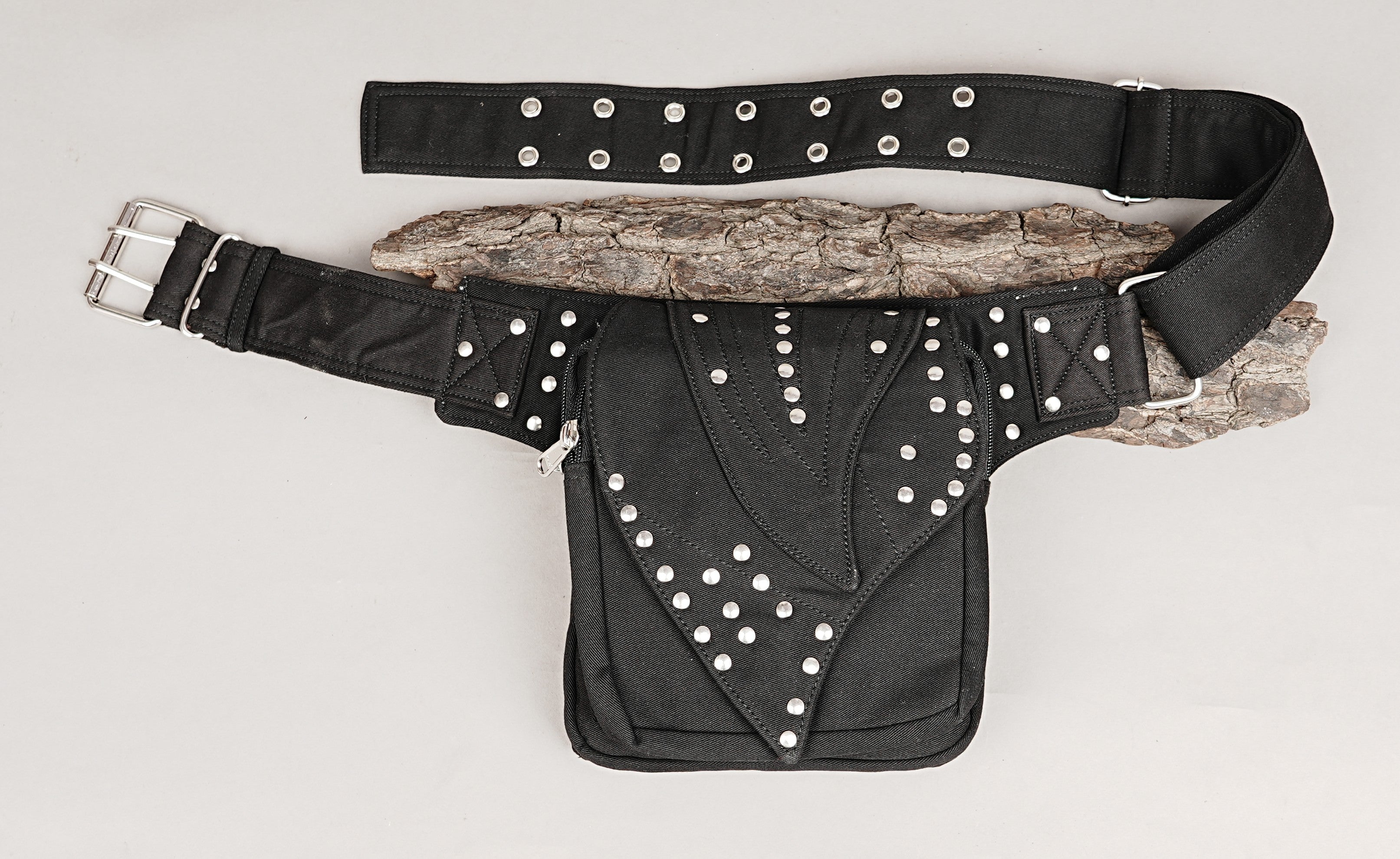 Alternative style utility bum bag fanny pack featuring gothic lace accents and silver metal hardware.
