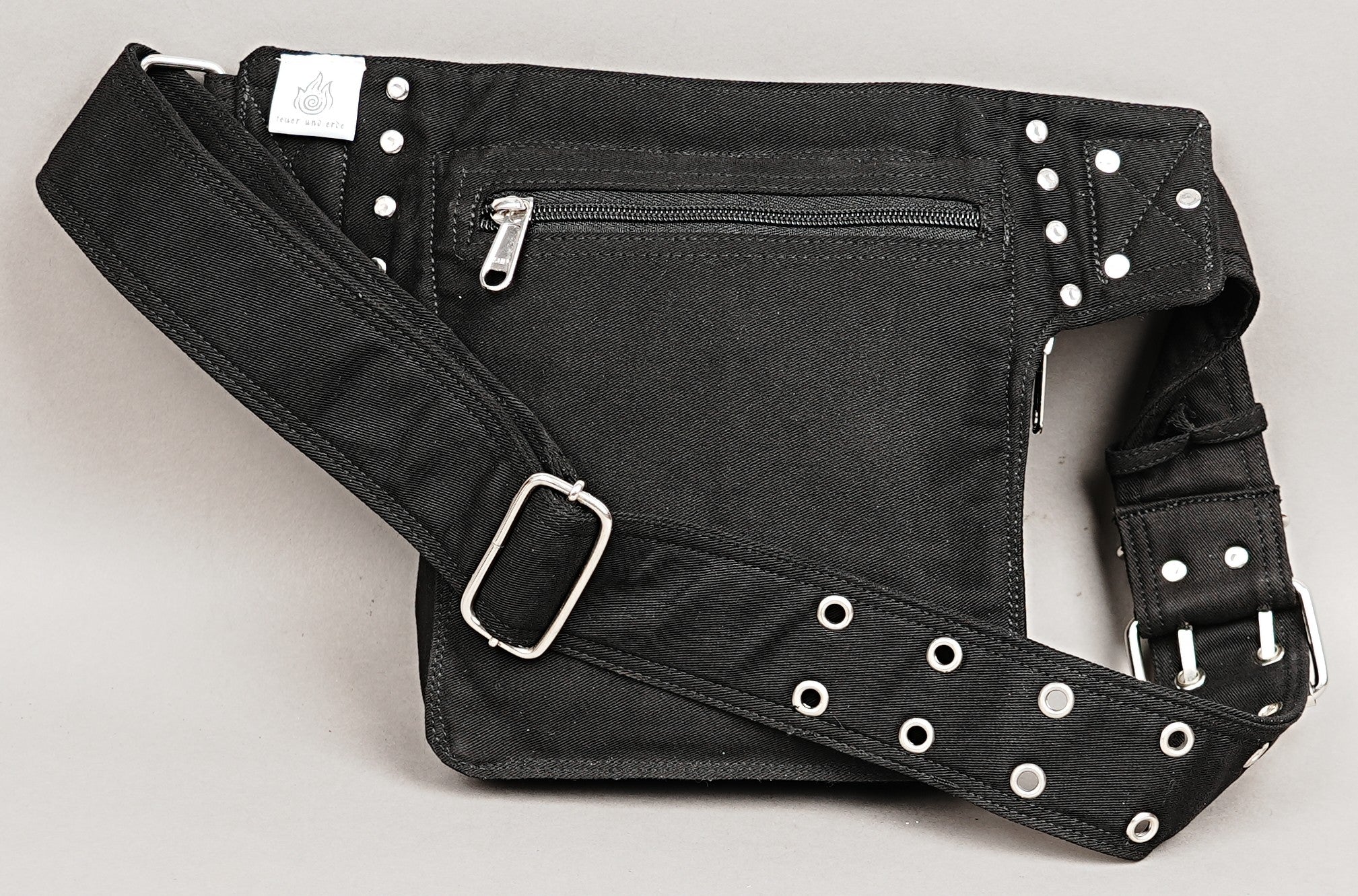 Secure cyberpunk-themed hip pouch in black with practical metal hardware and multi-pouches.