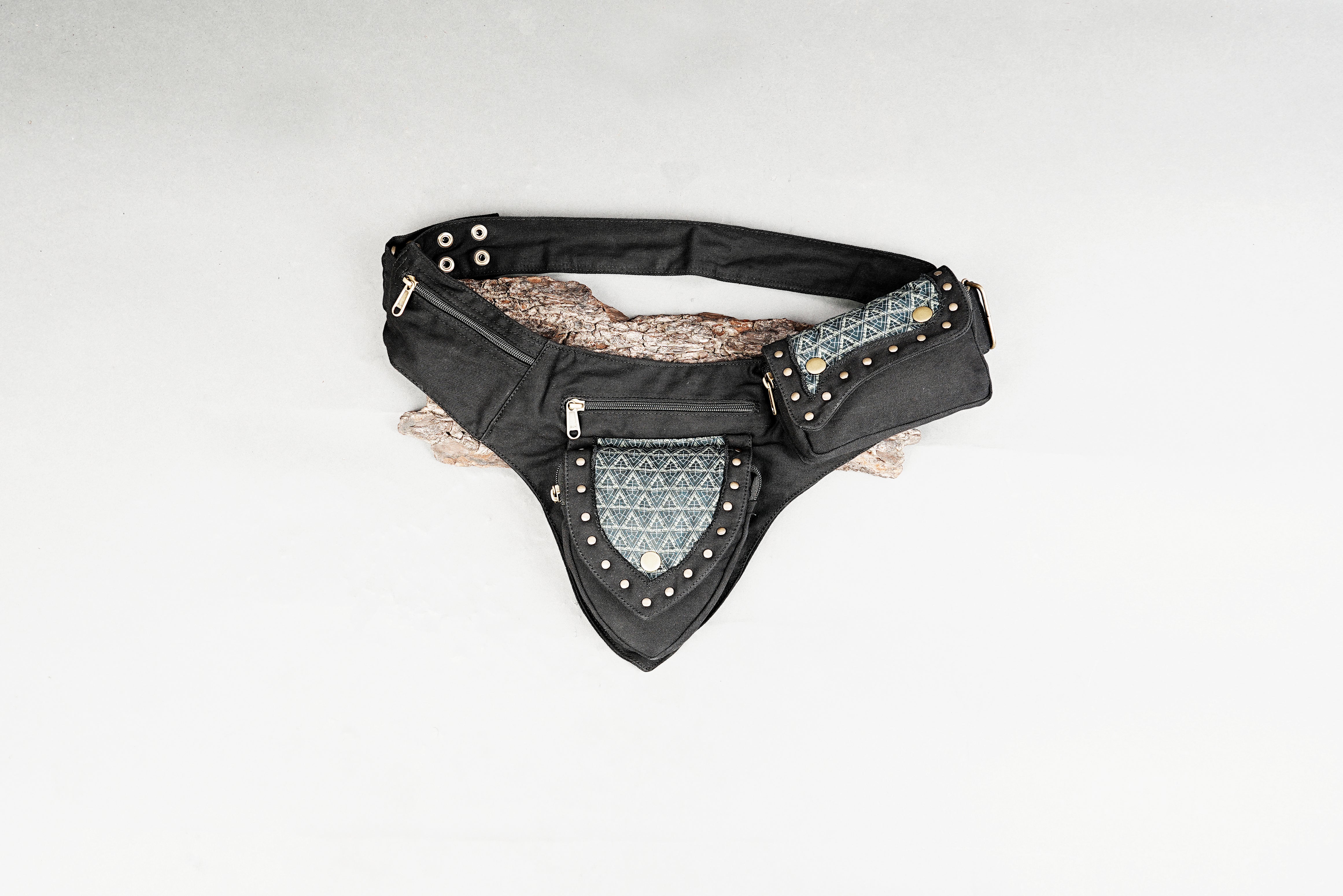 Handcrafted black canvas utility belt bag with geometric pattern pocket