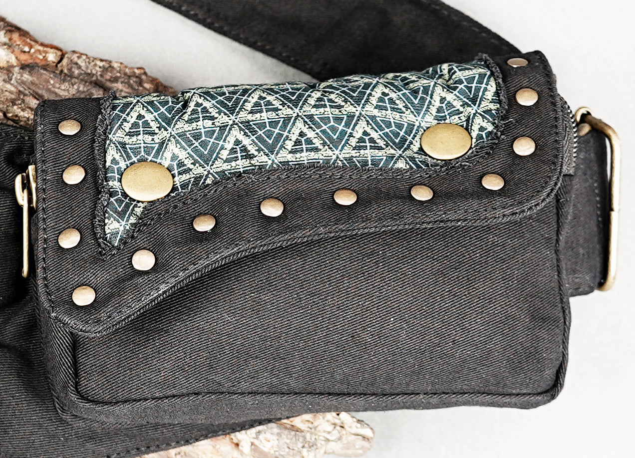 Stylish black fabric festival hip pack with tribal print and brass studs
