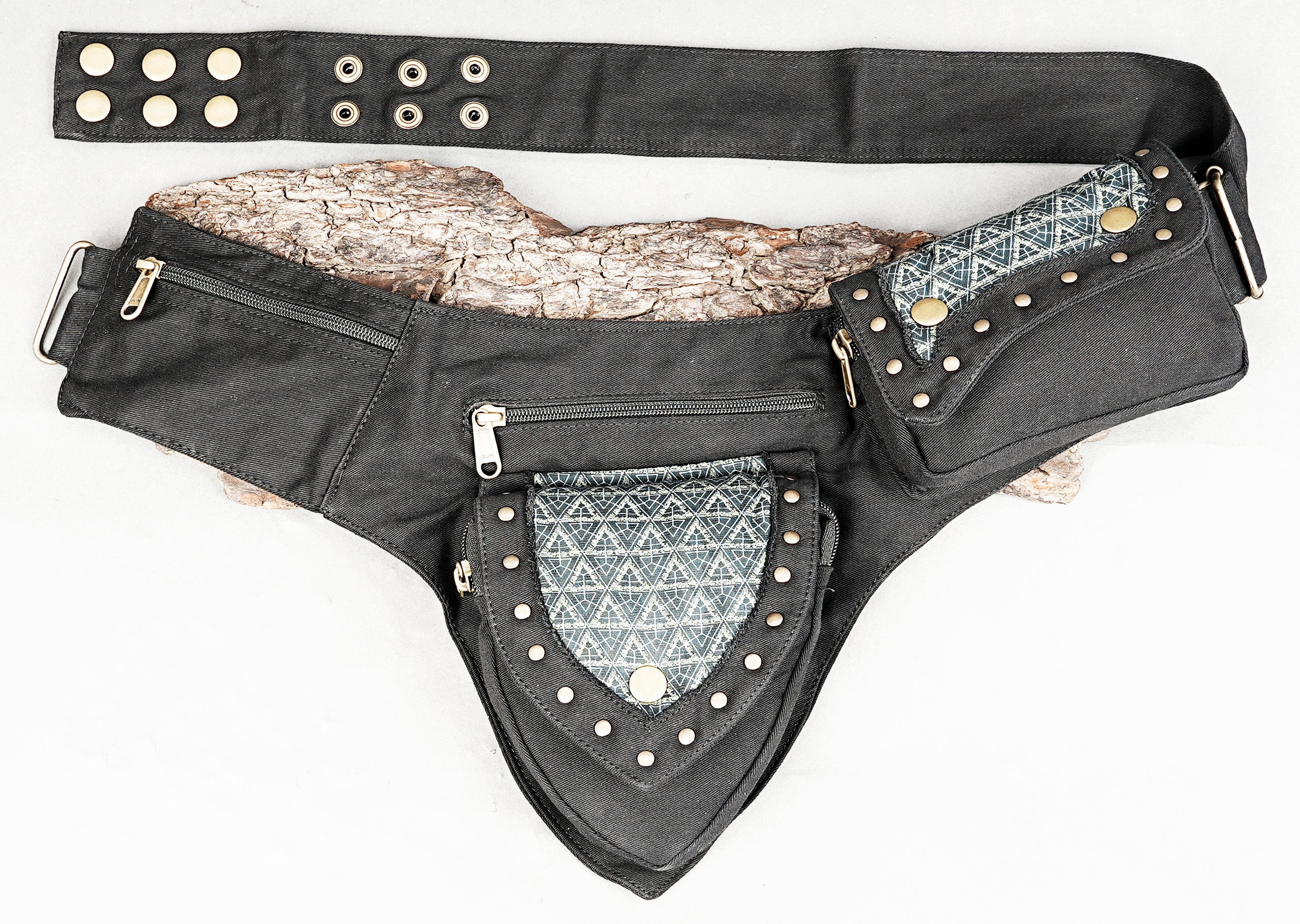 Edgy black utility belt pouch with unique geometric tribal detail