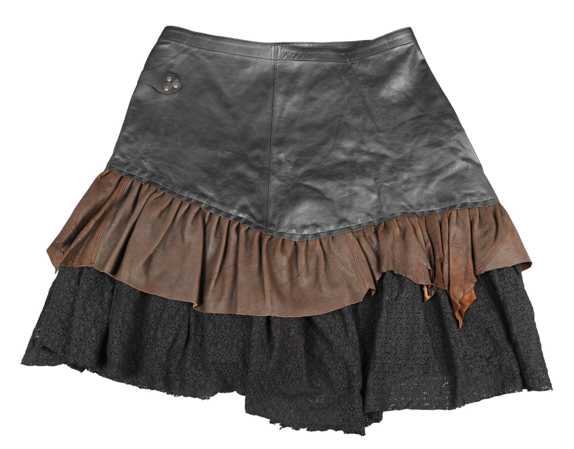 Brown and black leather ruffle belt skirt