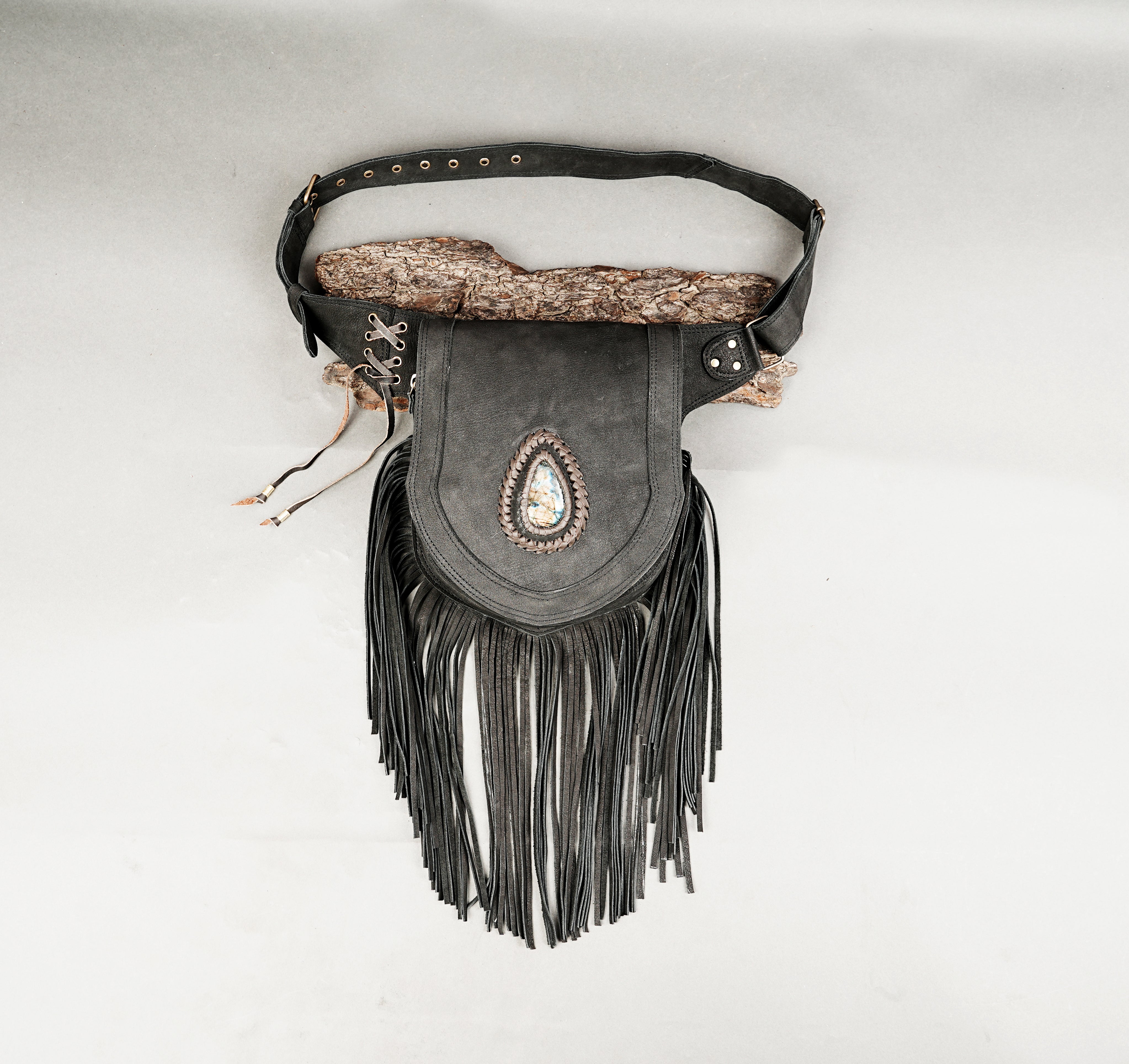 Handmade black leather waist belt with fringe and gemstone centerpiece