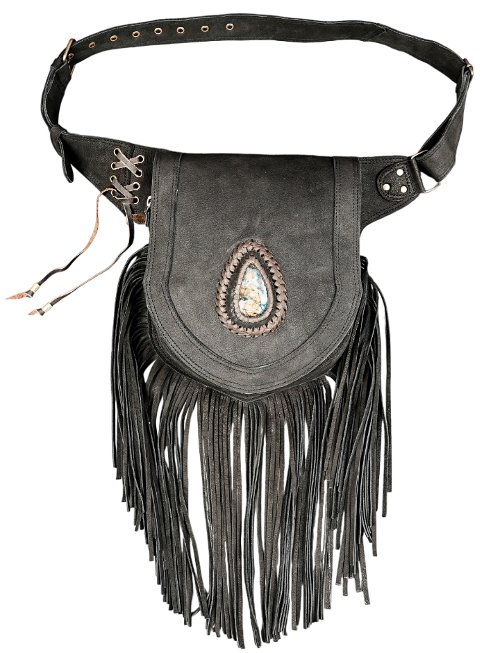 Artisan black leather waist belt with fringe and lace closure