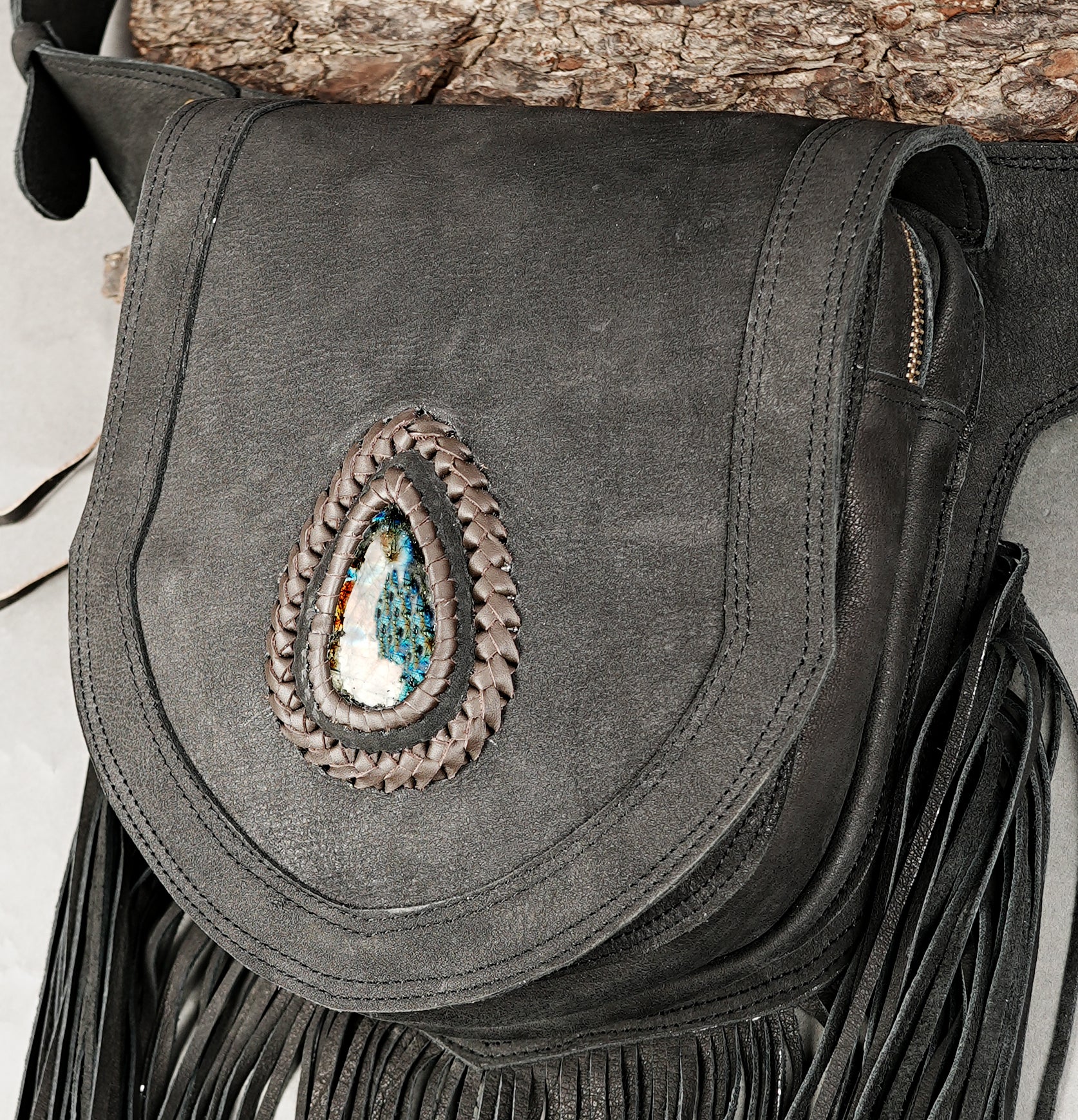 Artisan leather hip belt with fringe and teardrop gemstone