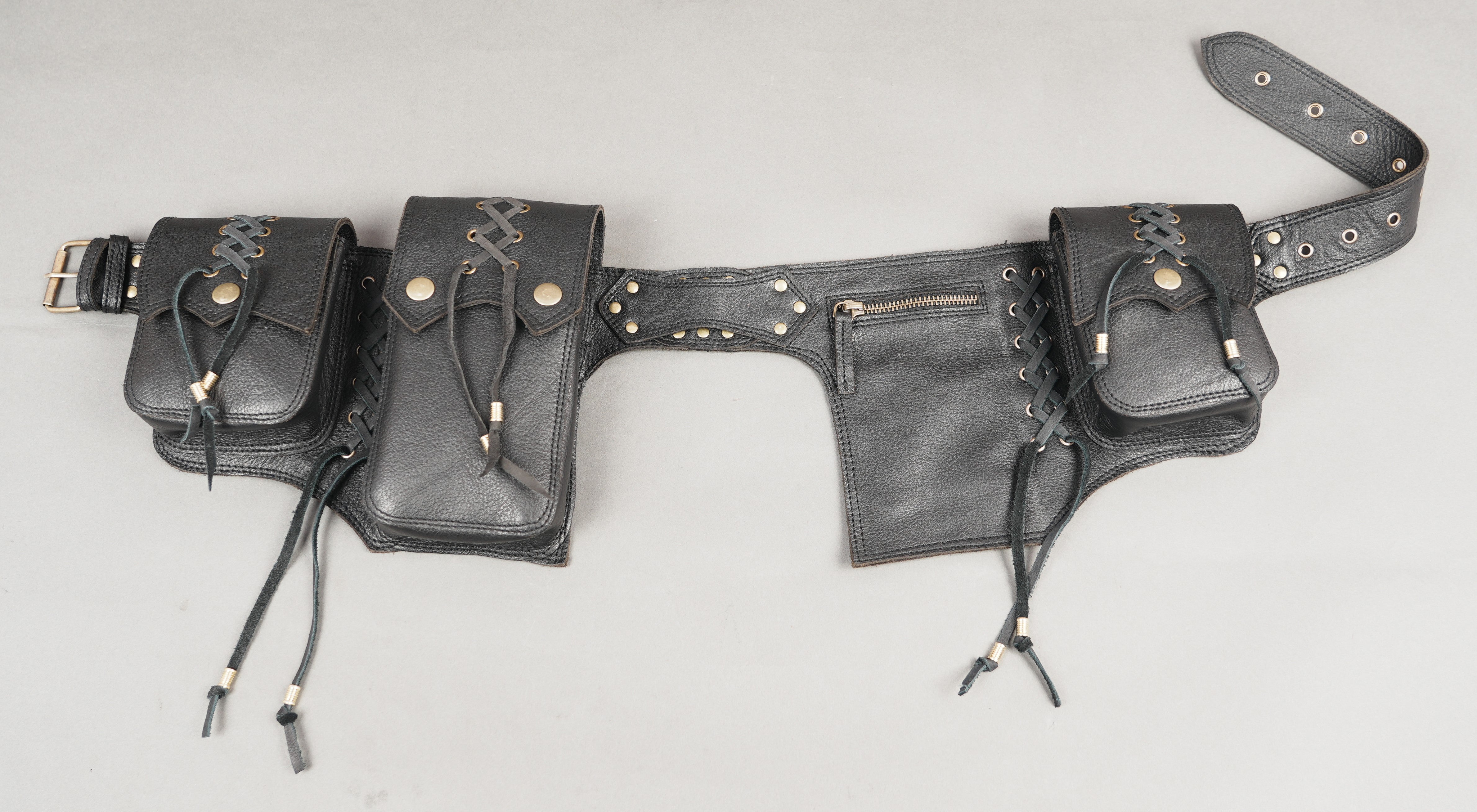 Boho style leather festival belt with multiple pouches