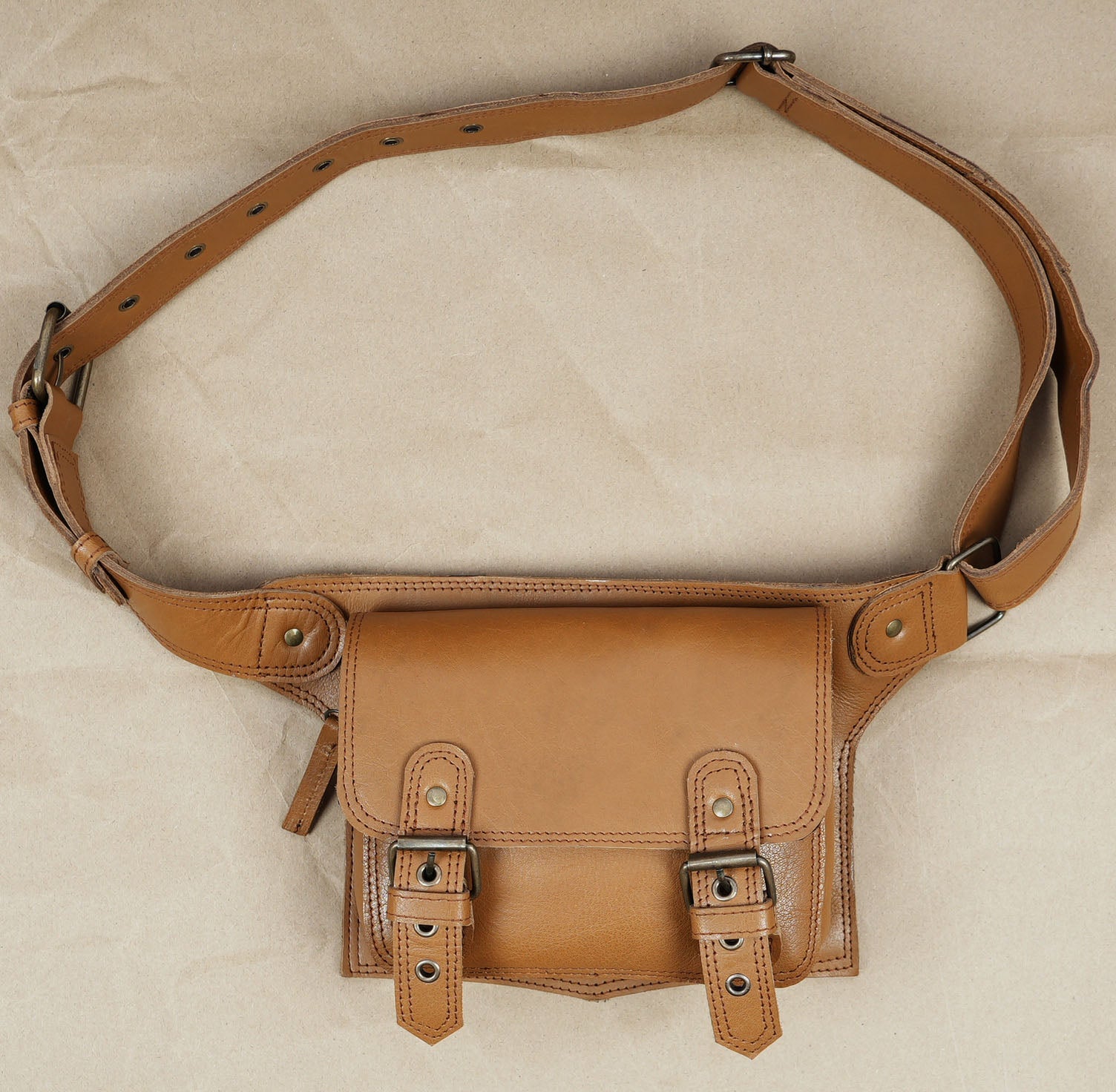 Handmade Black Leather Waist Belt – Adjustable Utility Pouch with Buckle Design (LT-AB-WB-6099)