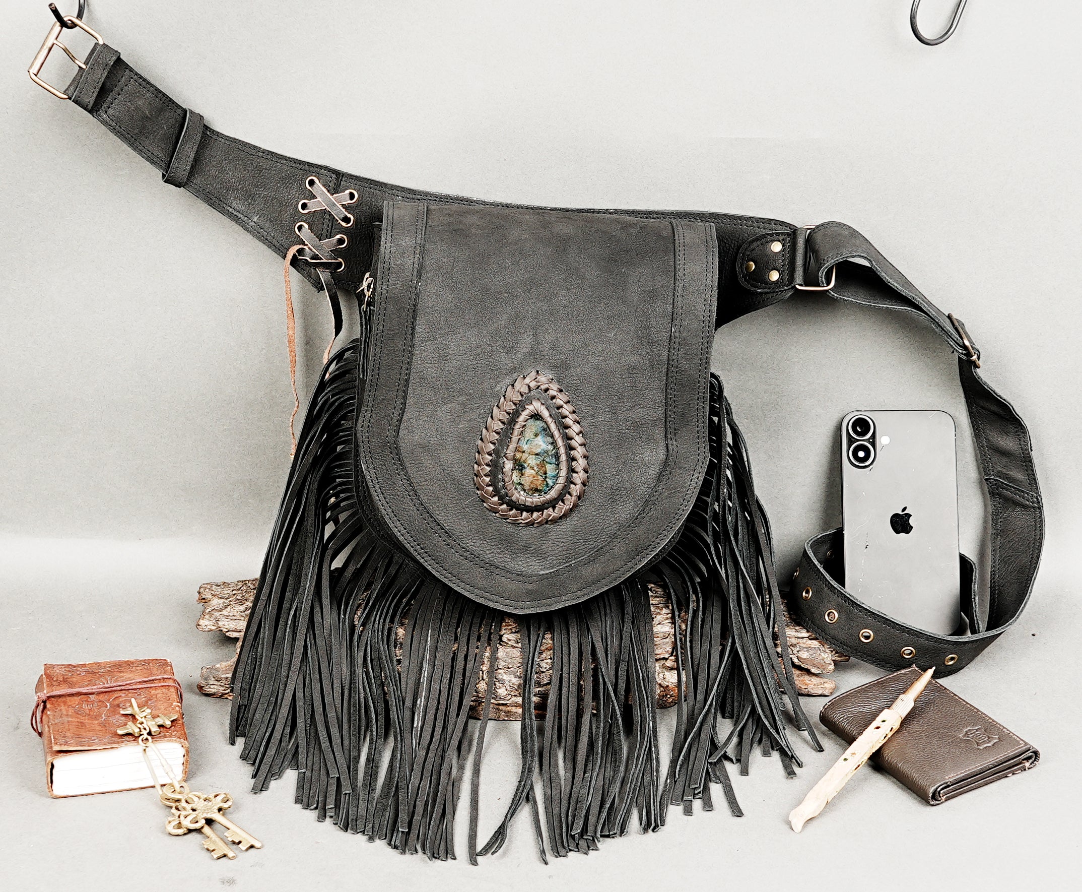 Handcrafted leather waist belt with lace side detailing