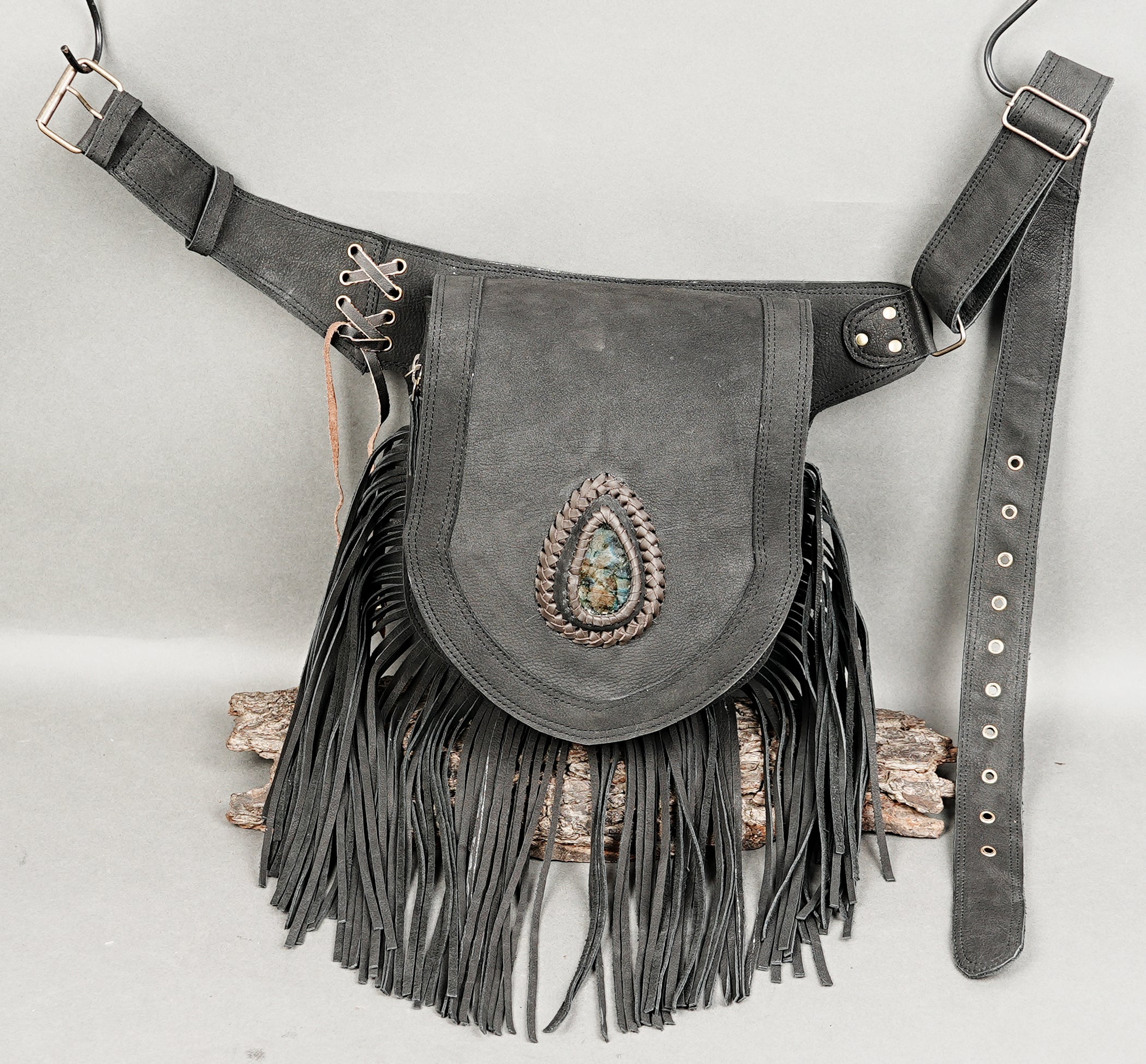 Bohemian leather hip belt with fringe and stone centerpiece