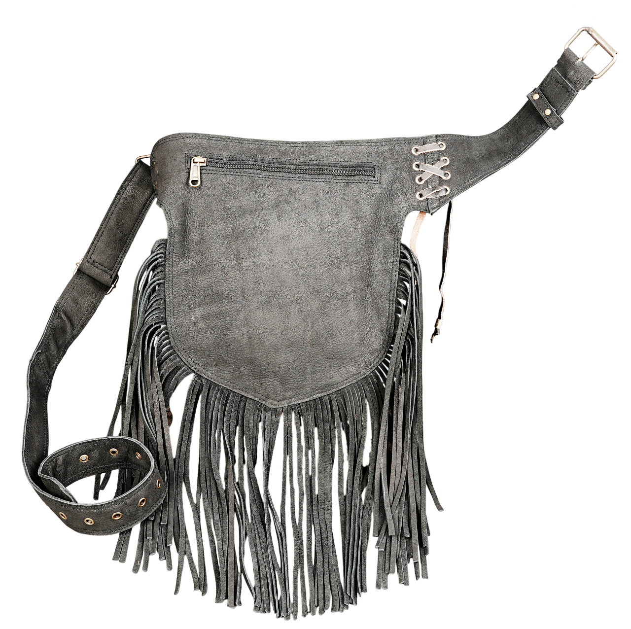 Festival ready leather waist belt with fringe and gemstone