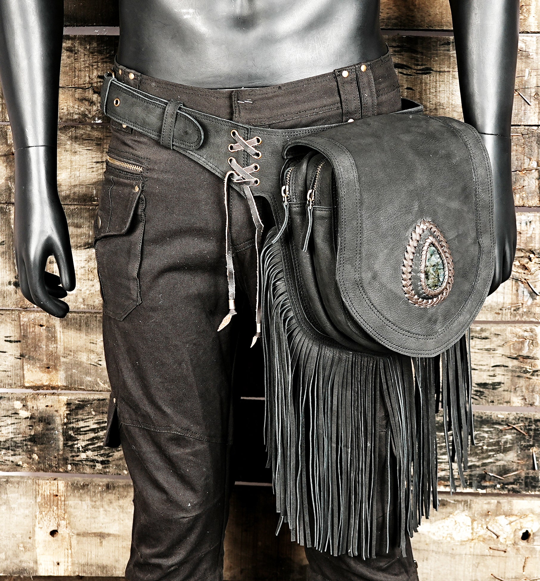 Leather waist belt with teardrop gemstone and fringe tassels