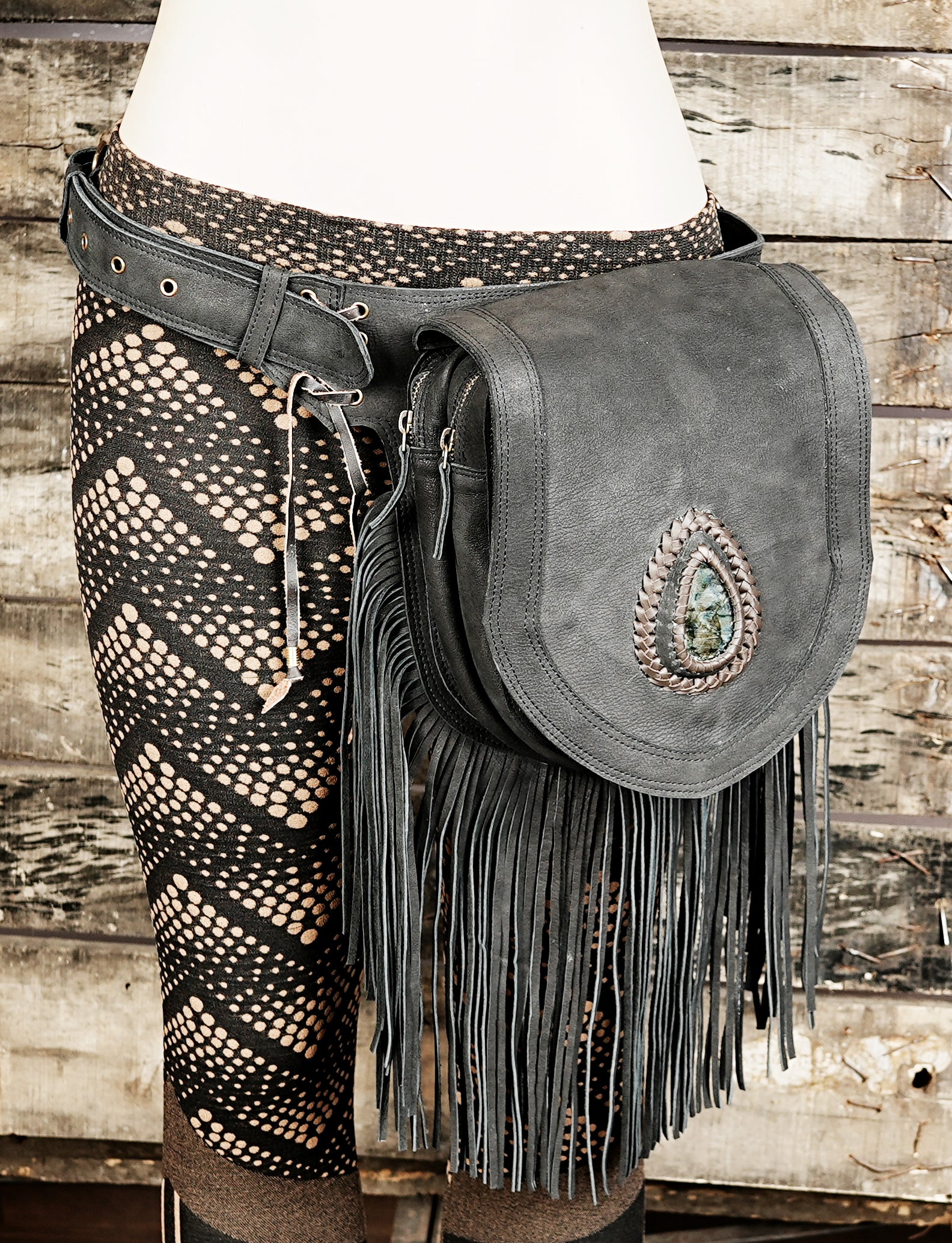 Boho style leather waist belt with natural stone accent