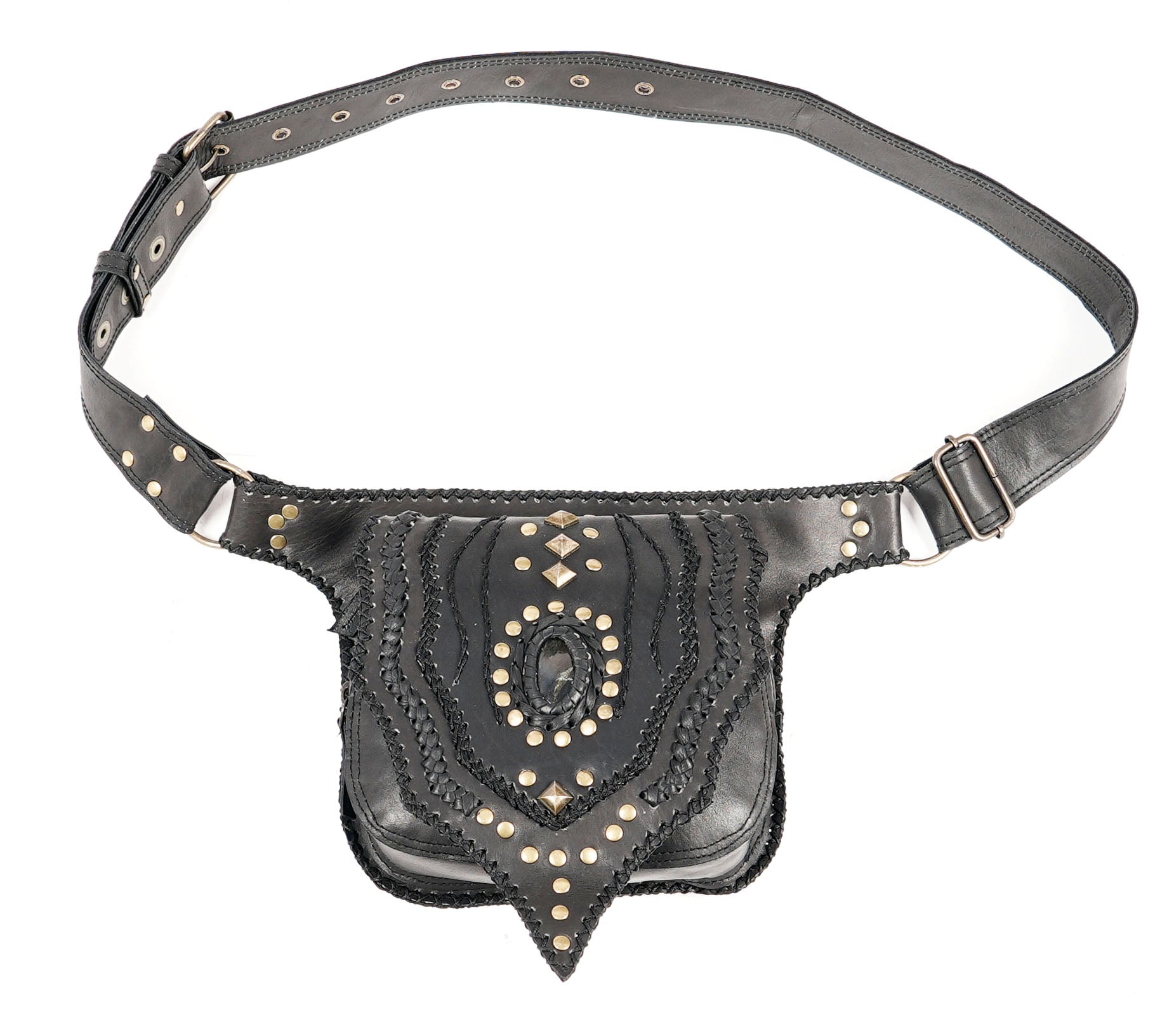 Handmade black leather waist belt bag with studded tribal design and adjustable strap.