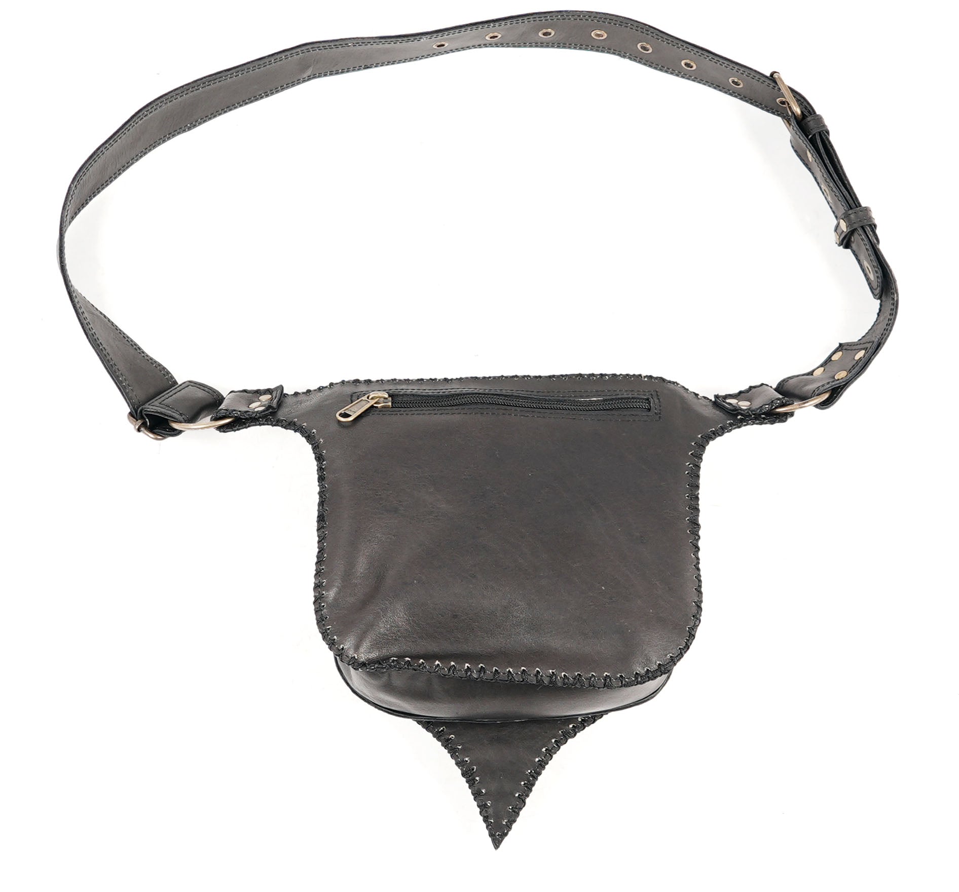 Gothic leather hip pouch with metal studs and pointed front flap.