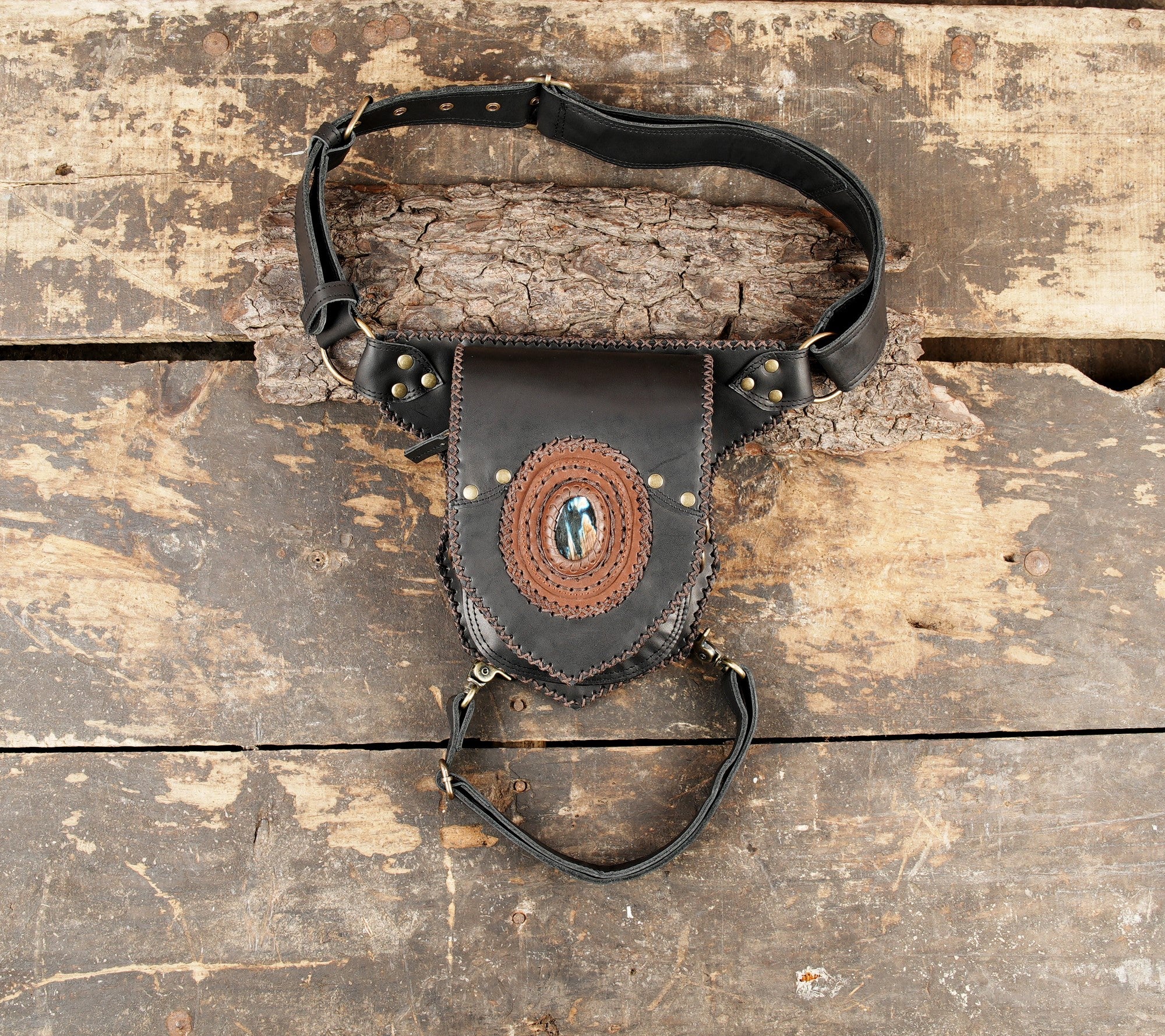 Handmade black leather waist thigh belt bag with labradorite stone