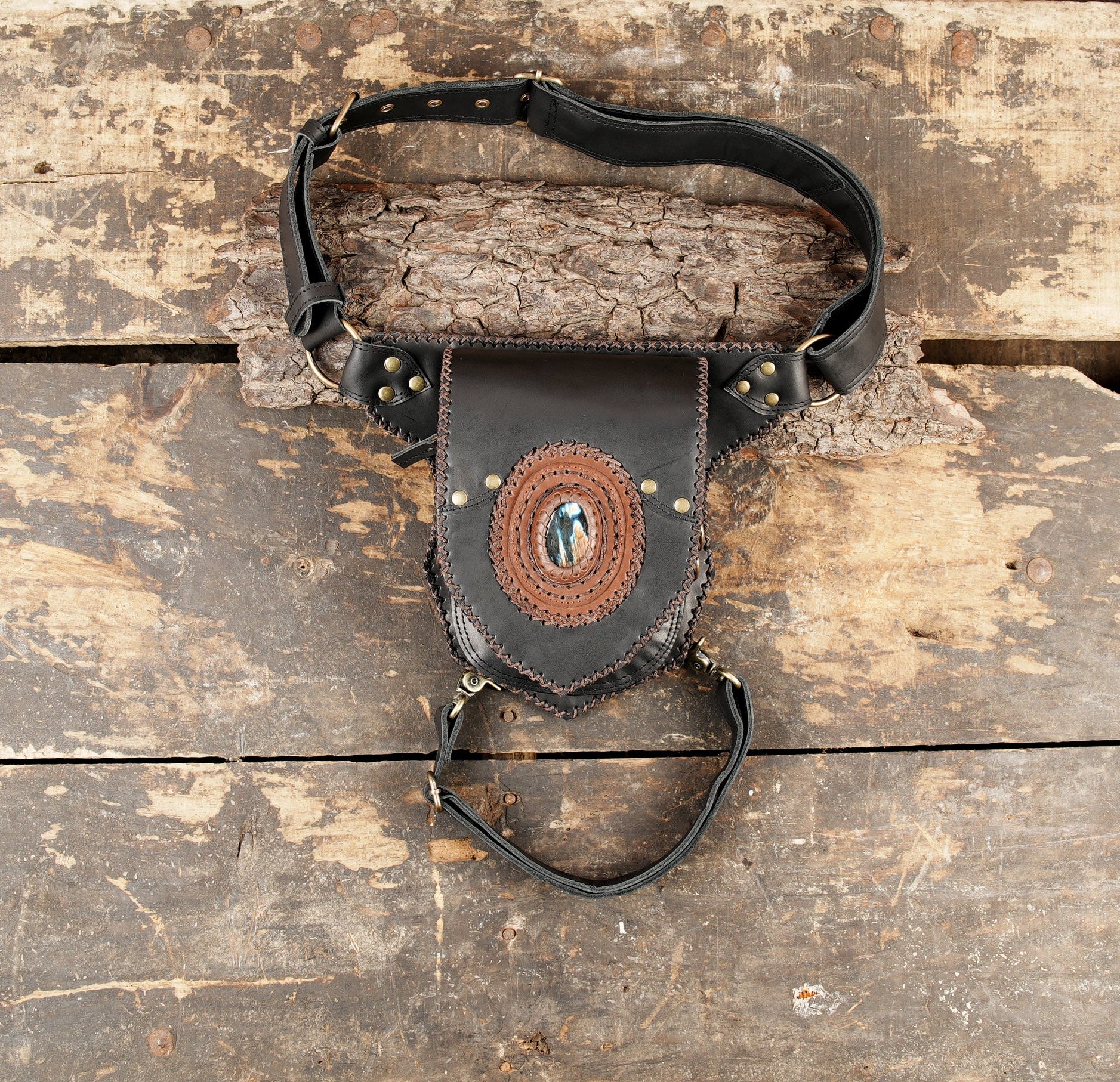 Handmade black leather waist thigh belt with gemstone centerpiece