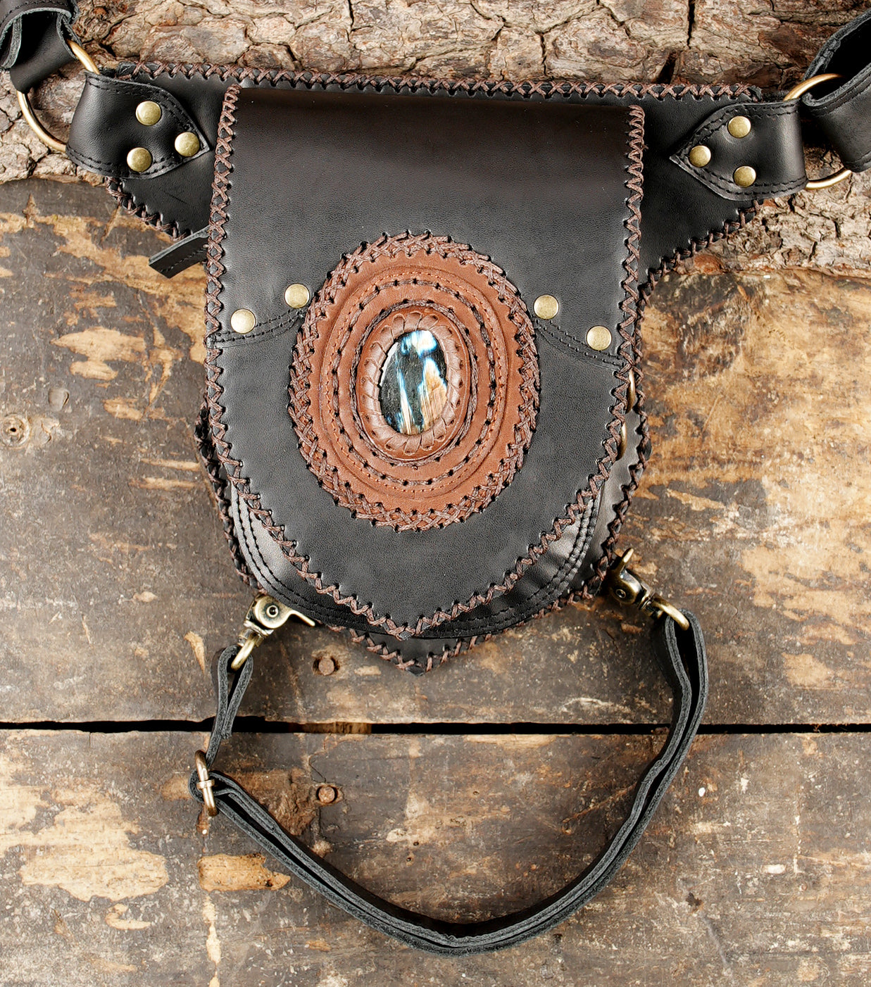 Festival leather waist thigh belt with handcrafted stitching and metal hardware