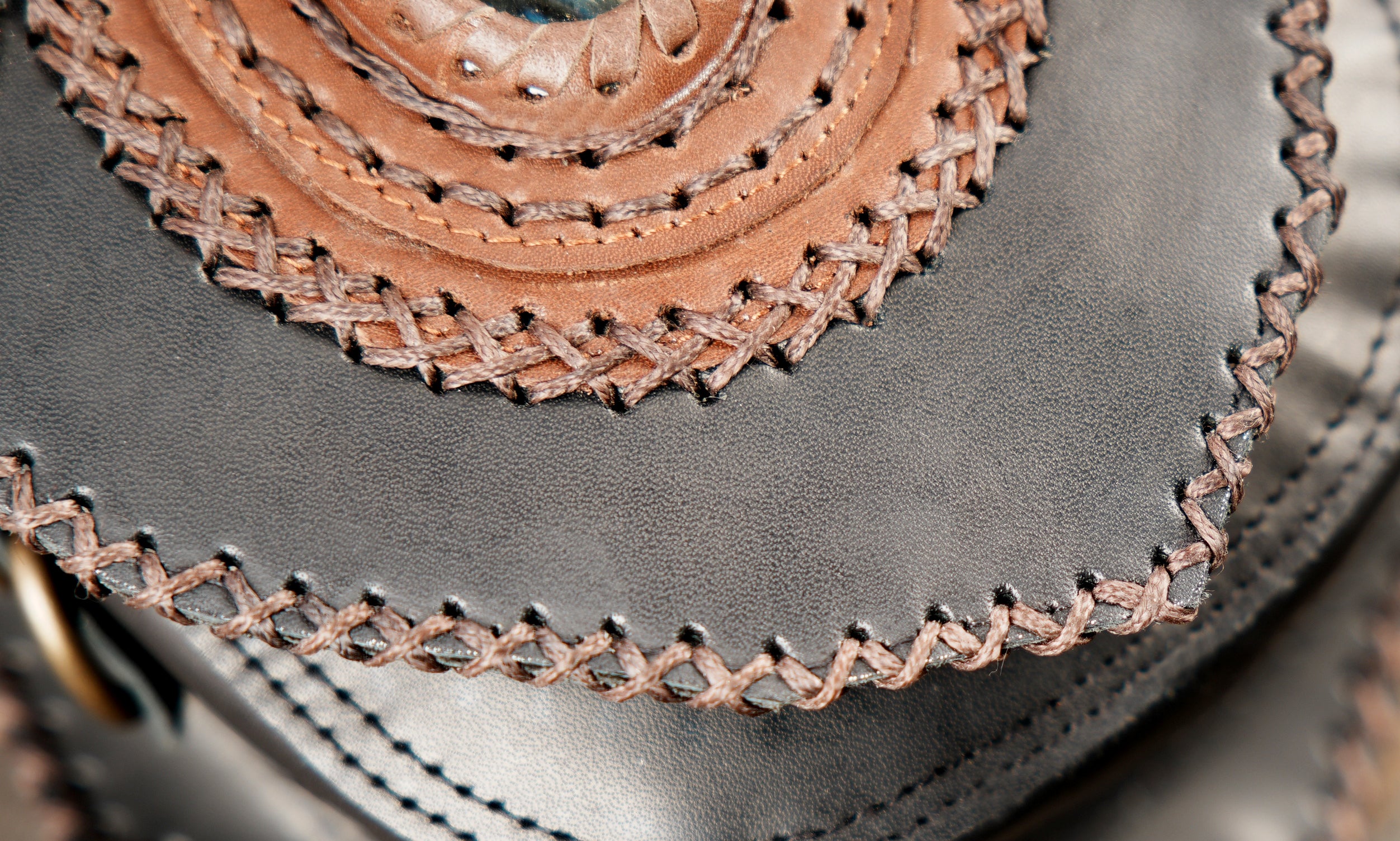 Artisan leather waist thigh belt with rugged finish and gemstone design