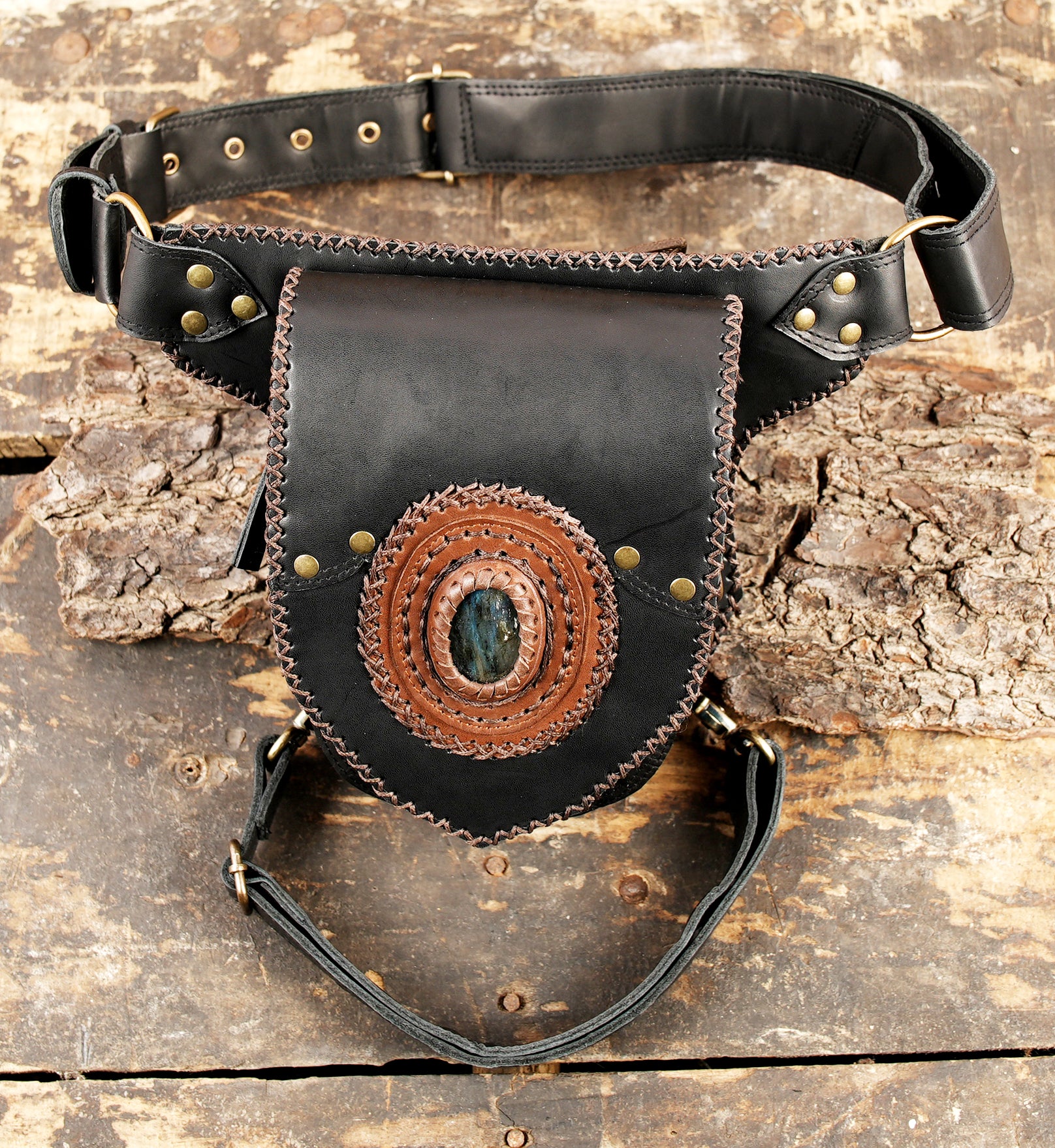 Bohemian leather thigh harness belt with gemstone centerpiece