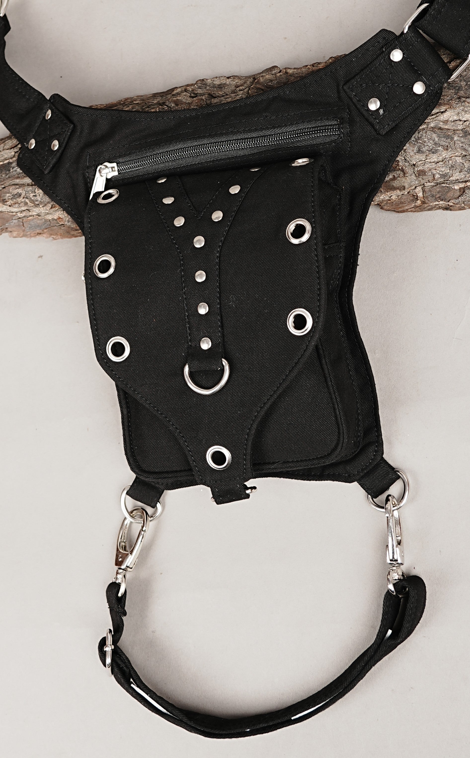 Steampunk style black canvas hip and leg bag with silver rings