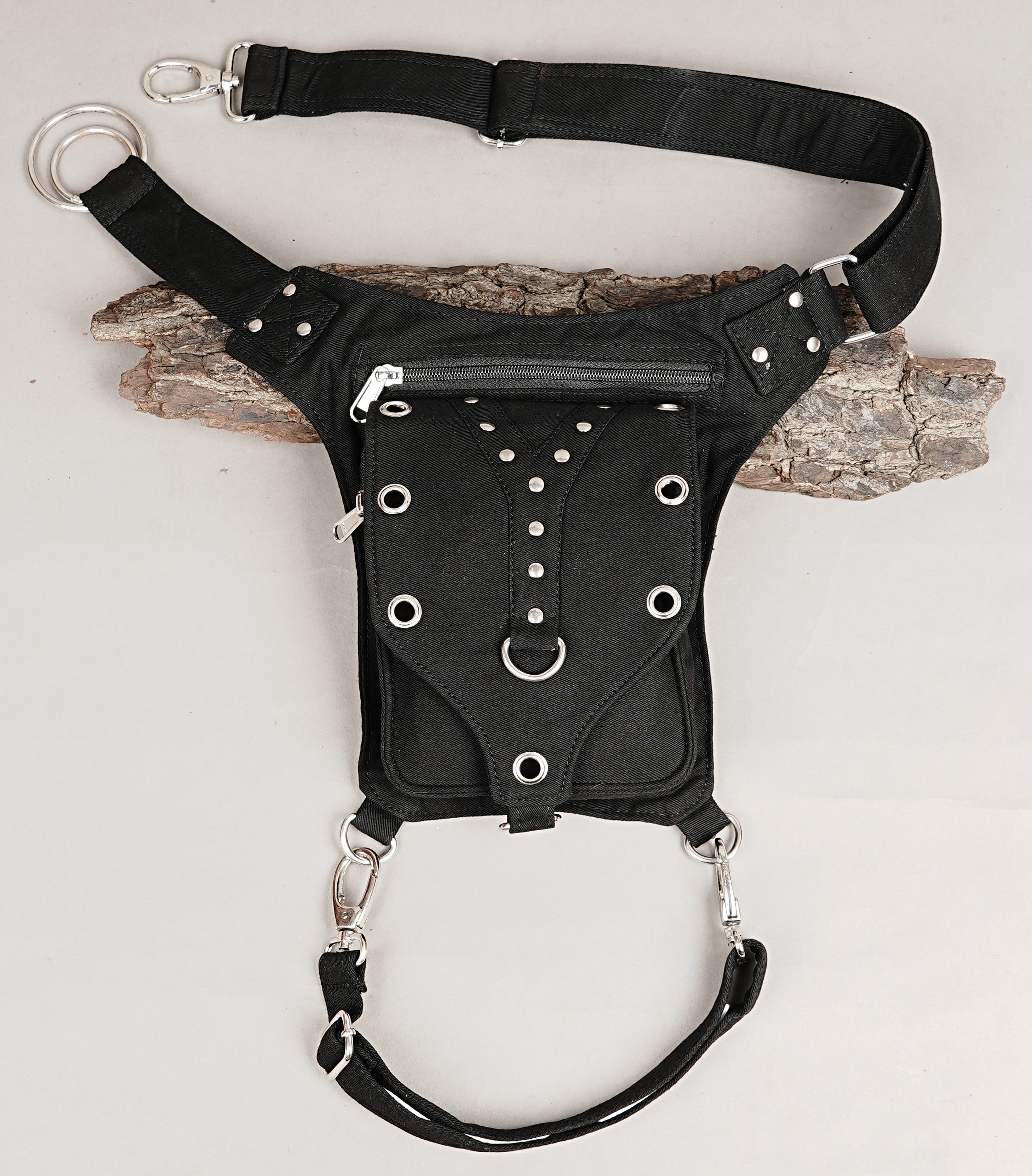 Rugged cotton thigh bag featuring metal hardware and eyelets
