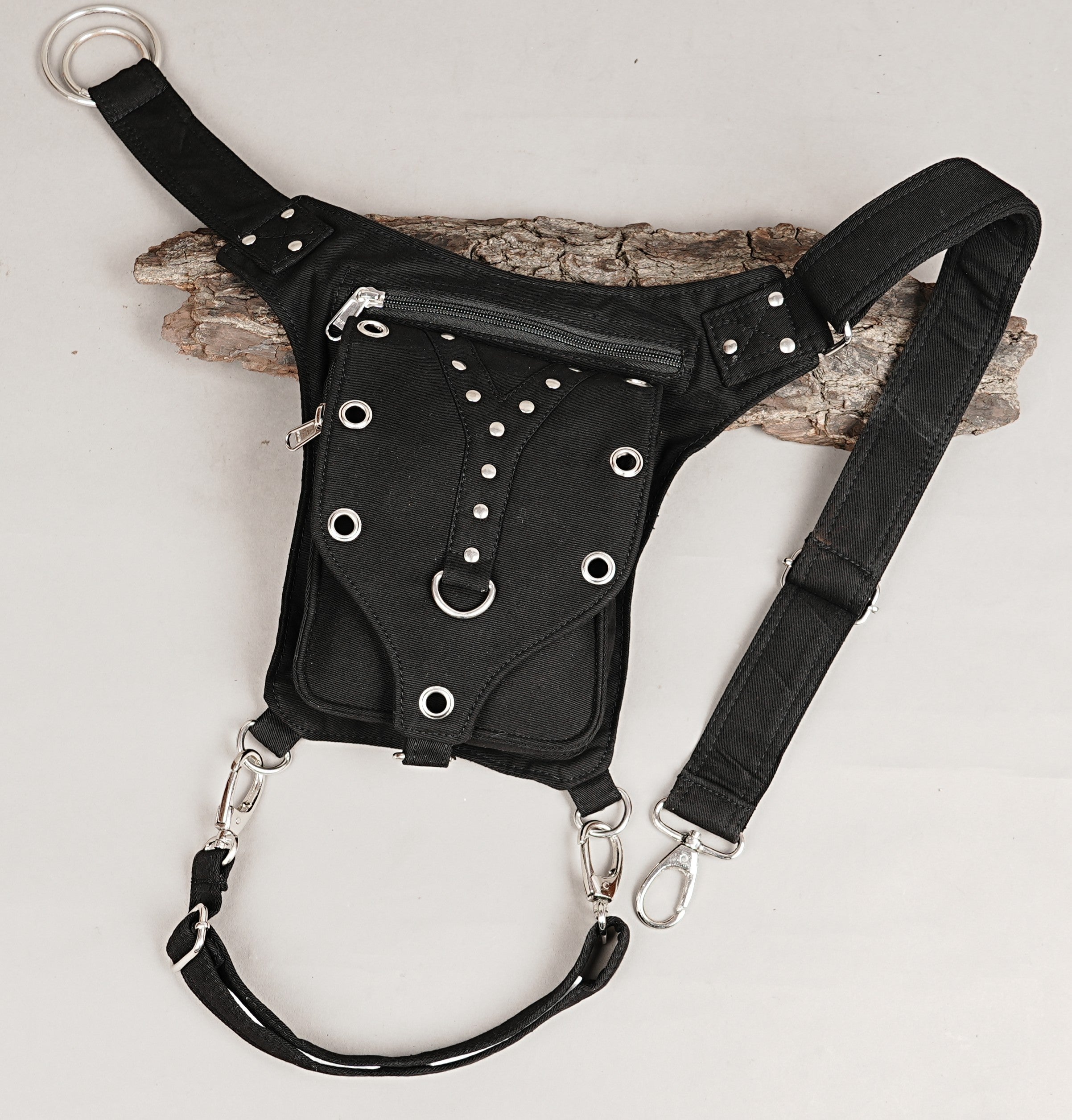 Dark wear aesthetic drop leg utility pouch in black cotton