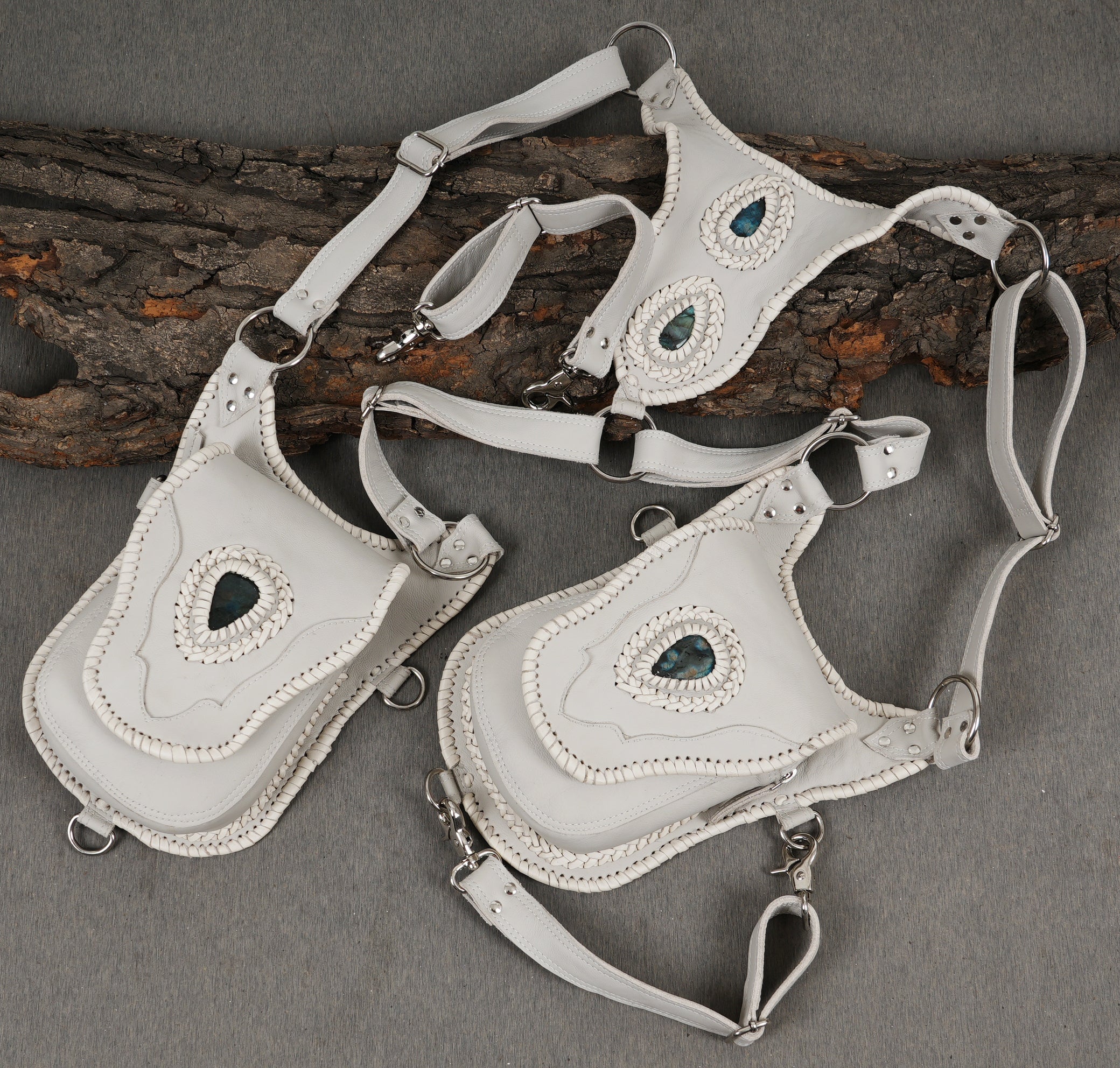 Handmade Leather Double Holster Bag with Adjustable Straps Festival Utility Holster Harness Steampunk / Boho Leather Bag with labradorite