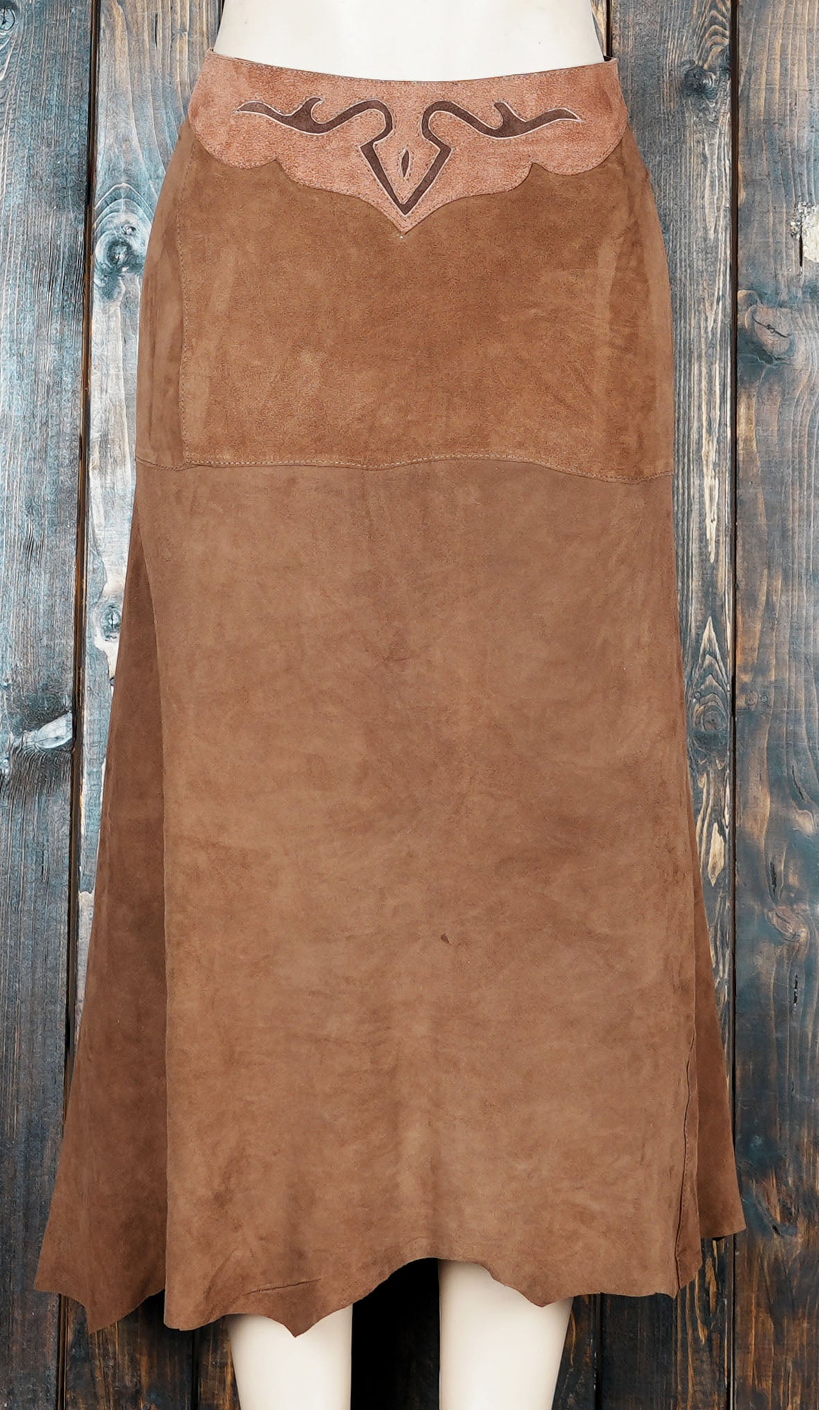 Rustic brown leather skirt with western embroidery details