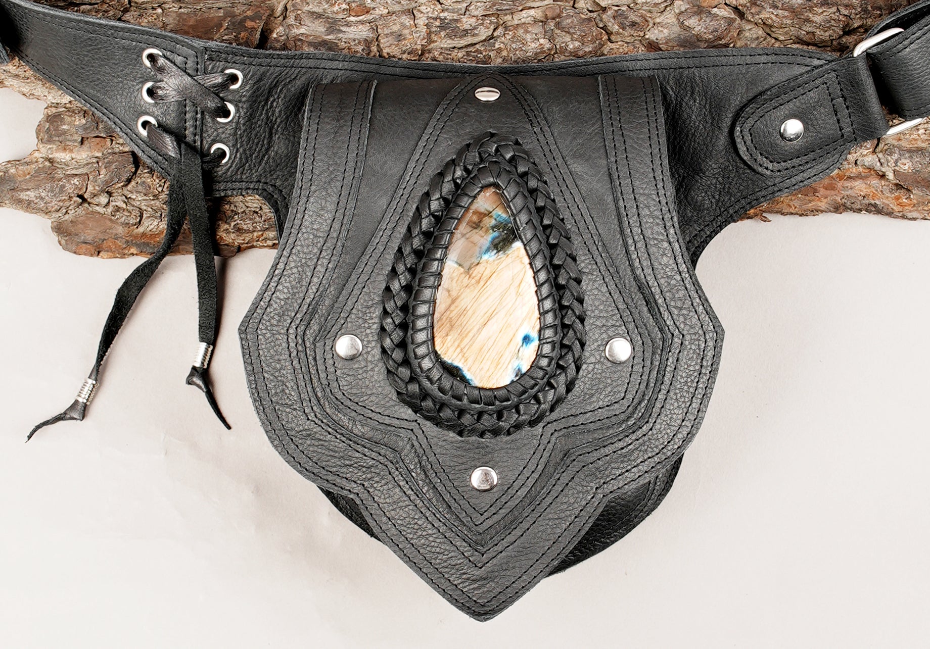 Genuine leather hip belt with teardrop gemstone design