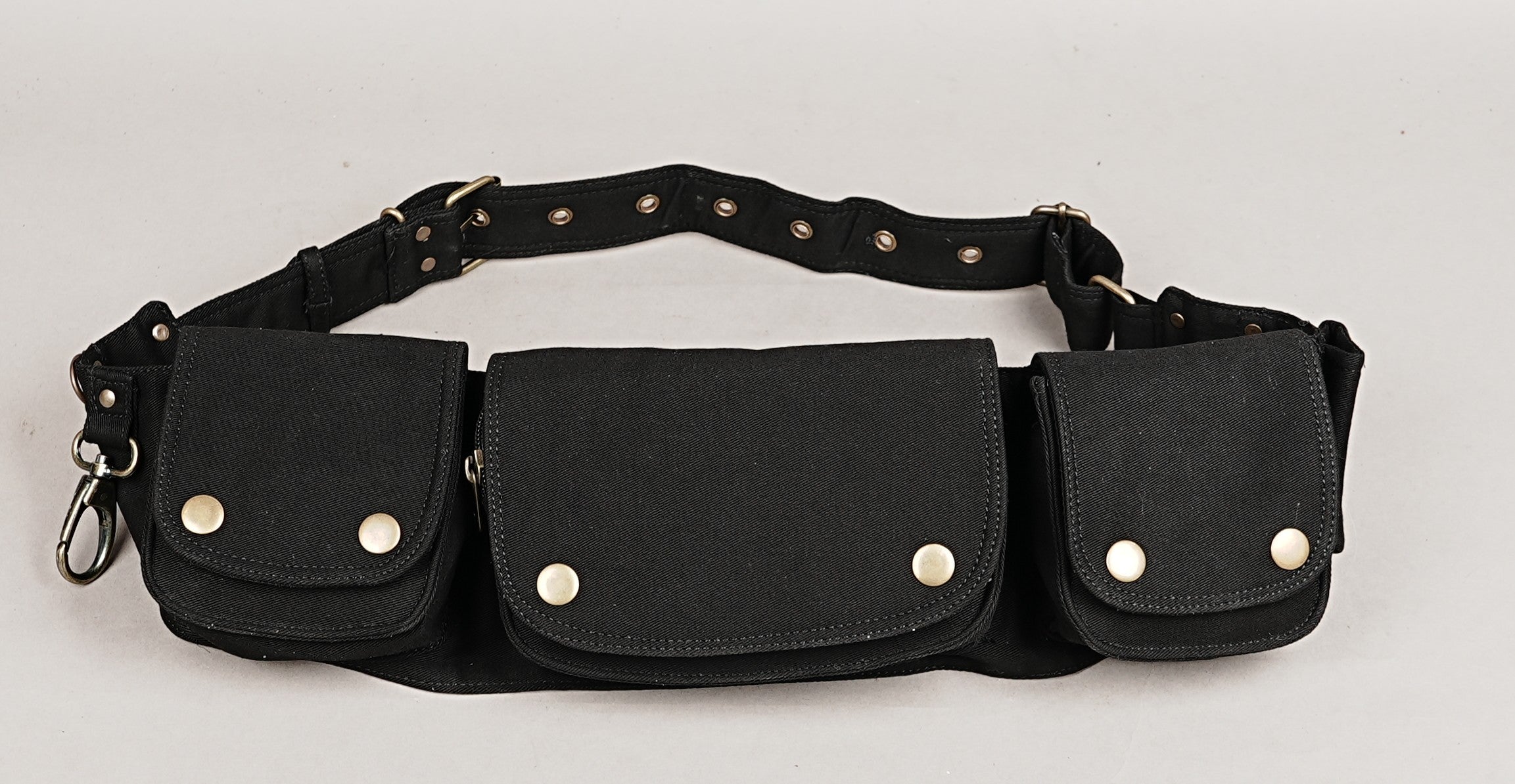 Hands-free utility pouch belt, durable black canvas with adjustable length and secure metal snaps.