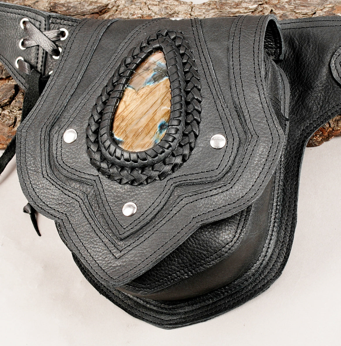 Leather waist belt pouch with natural gemstone accent