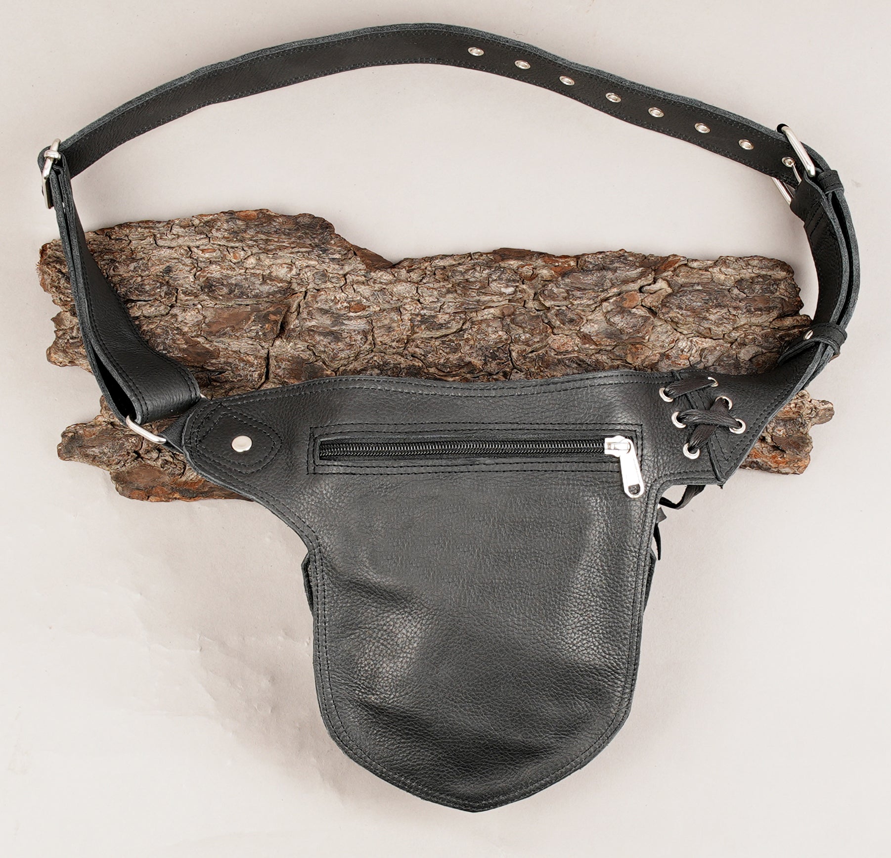 Unisex black leather waist belt with handcrafted design